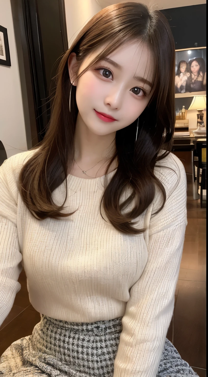table top, highest quality, shape, Super detailed, finely, High resolution, 8k wallpaper, 完璧なダイナミックな構shape, beautiful and detailed eyes, small breasts,natural color lip, bold sexy pose,smile、20 year old girl、cute、sexy shot looking at camera,Always blur the background,perfect and beautiful face,Take only the face,beautiful and detailed face、slim face and style,Big eyes、do gal makeup、jumper skirt
