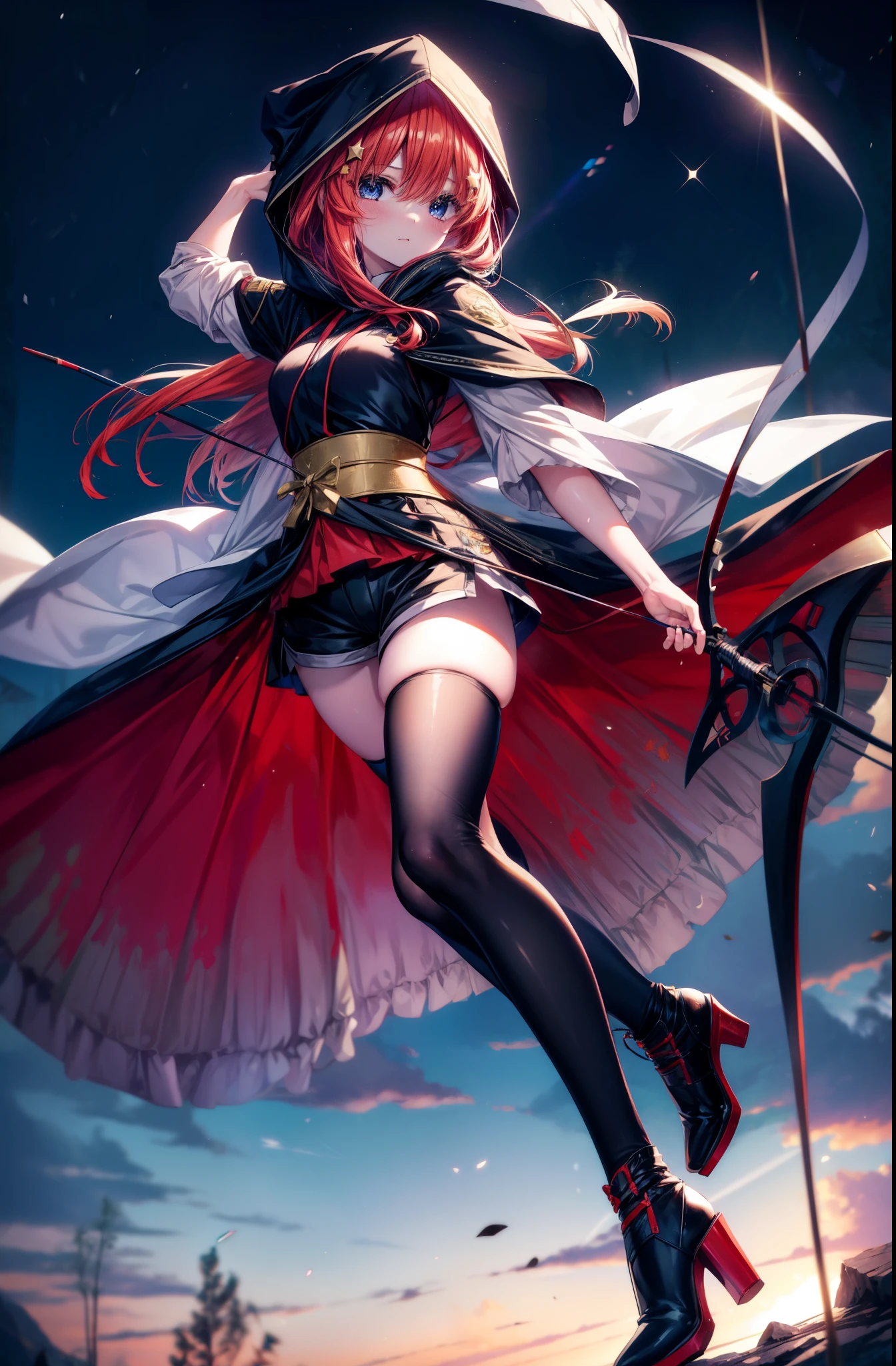 itsukinakano, Itsuki Nakano, bangs, blue eyes, hair between eyes, , redhead, star \(symbol\), hair ornaments, star hair ornaments,hood up,holding a bow and arrow in his hands, anime girl with bow and arrow, Gviz, wield a bow, asymmetrical clothes, boots, cloak,gloves, red Thighhighs, high heels, shorts, Thighhighs,
break outdoors, forest,forest林,
break (masterpiece:1.2), highest quality, High resolution, unity 8k wallpaper, (figure:0.8), (detailed and beautiful eyes:1.6), highly detailed face, perfect lighting, Very detailed CG, (perfect hands, perfect anatomy),