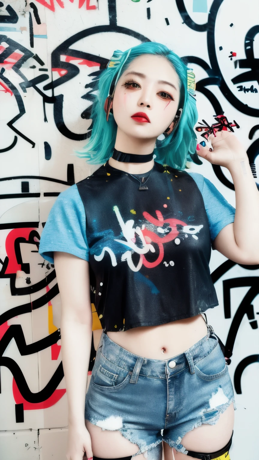 masterpiece, highest quality, 1 girl, alone, crop top, denim shorts, choker, (graffiti:1.5), paint splatters, turn your arms behind your back, towards the wall, looking at the viewer, armband, thigh strap, paint on the body, head tilt, boredom, colorful hair, aqua eye, headset