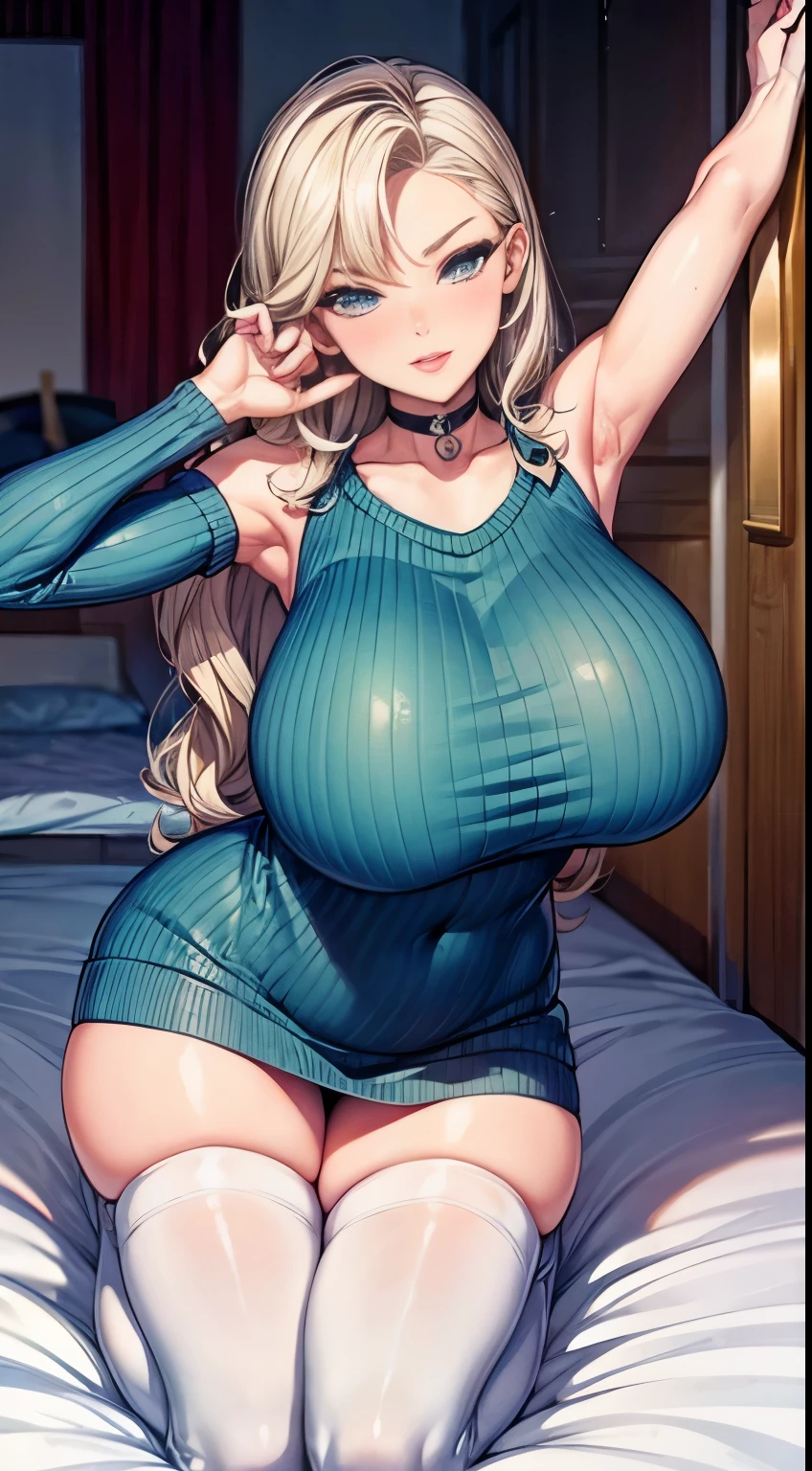 bmb-fc, sunny, bodycon dress, 1girl, face, woman , (masterpiece, best quality), 1girl, 18 years old, kneeling pose, show armpit, platinum blonde hair, long wavy hair, plump lips, bimbo lips, , hourglass figure, wake up face, exposed navel, super hot sweater outfit, choker, bedroom, thighhighs,