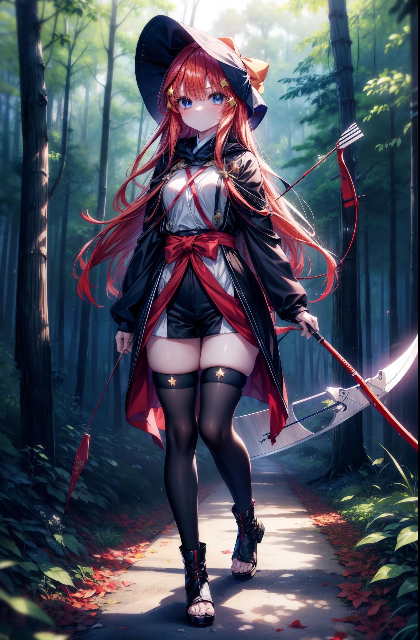 itsukinakano, Itsuki Nakano, bangs, blue eyes, hair between eyes, , redhead, star \(symbol\), hair ornaments, star hair ornaments,hood up,holding a bow and arrow in his hands, anime girl with bow and arrow, Gviz, wield a bow, asymmetrical clothes, boots, cloak,gloves, red Thighhighs, high heels, shorts, Thighhighs,
break outdoors, forest,forest林,
break (masterpiece:1.2), highest quality, High resolution, unity 8k wallpaper, (figure:0.8), (detailed and beautiful eyes:1.6), highly detailed face, perfect lighting, Very detailed CG, (perfect hands, perfect anatomy),