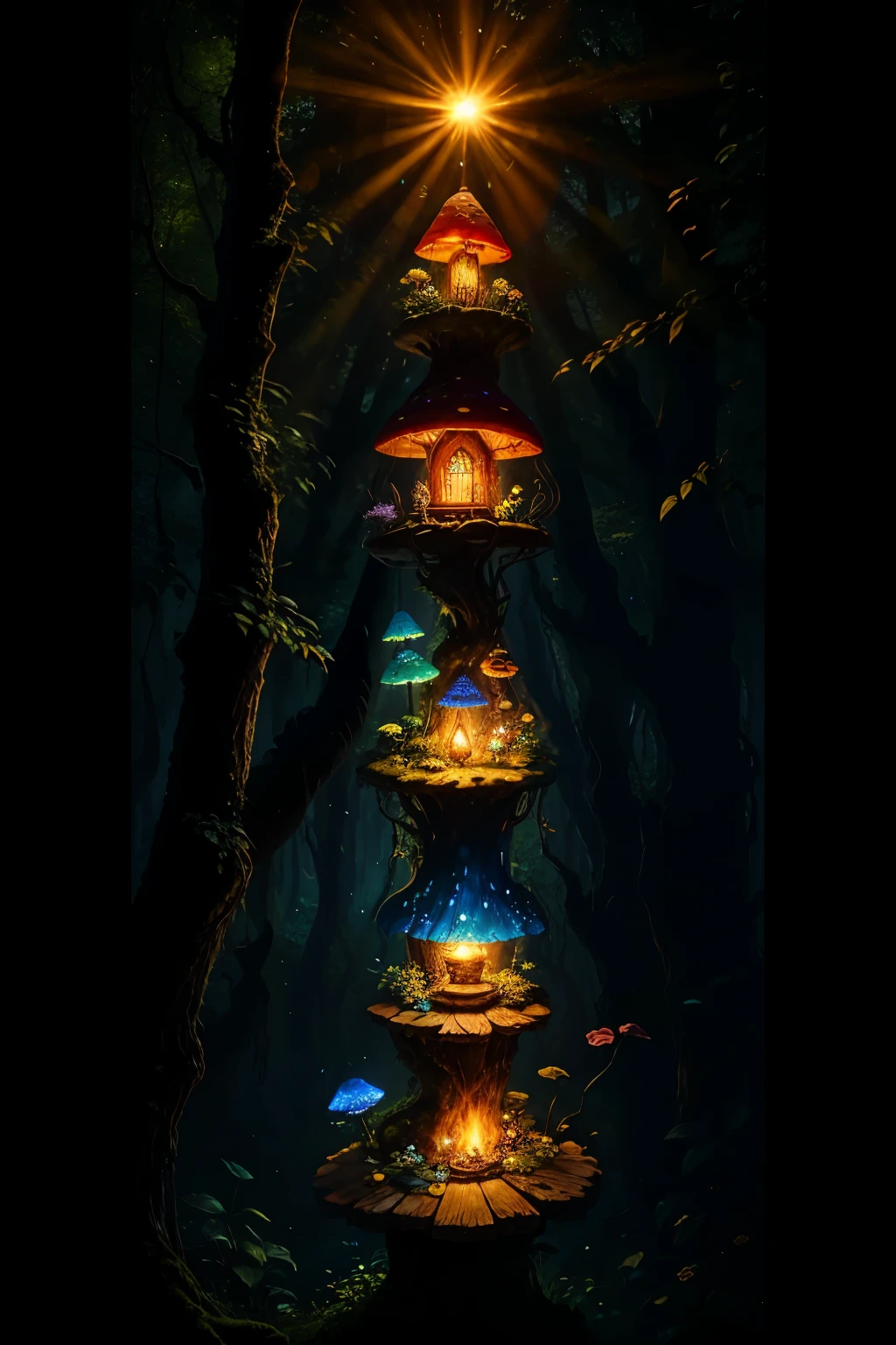 Picture a whimsical and enchanting scene set in the heart of a magical forest. The sun is starting to set, casting a warm and radiant glow over the landscape. In the center of the woods, there stands a charming toadstool home, the perfect abode for a friendly forest elf. The toadstool is adorned with intricate details, from the cap's wavy edges to the gills that cascade down its sides.
Surrounding the toadstool are an assortment of vibrant and magical plants. Roses with petals that shimmer in the sunlight bloom alongside vines draped in shimmering gold moss. The air is filled
