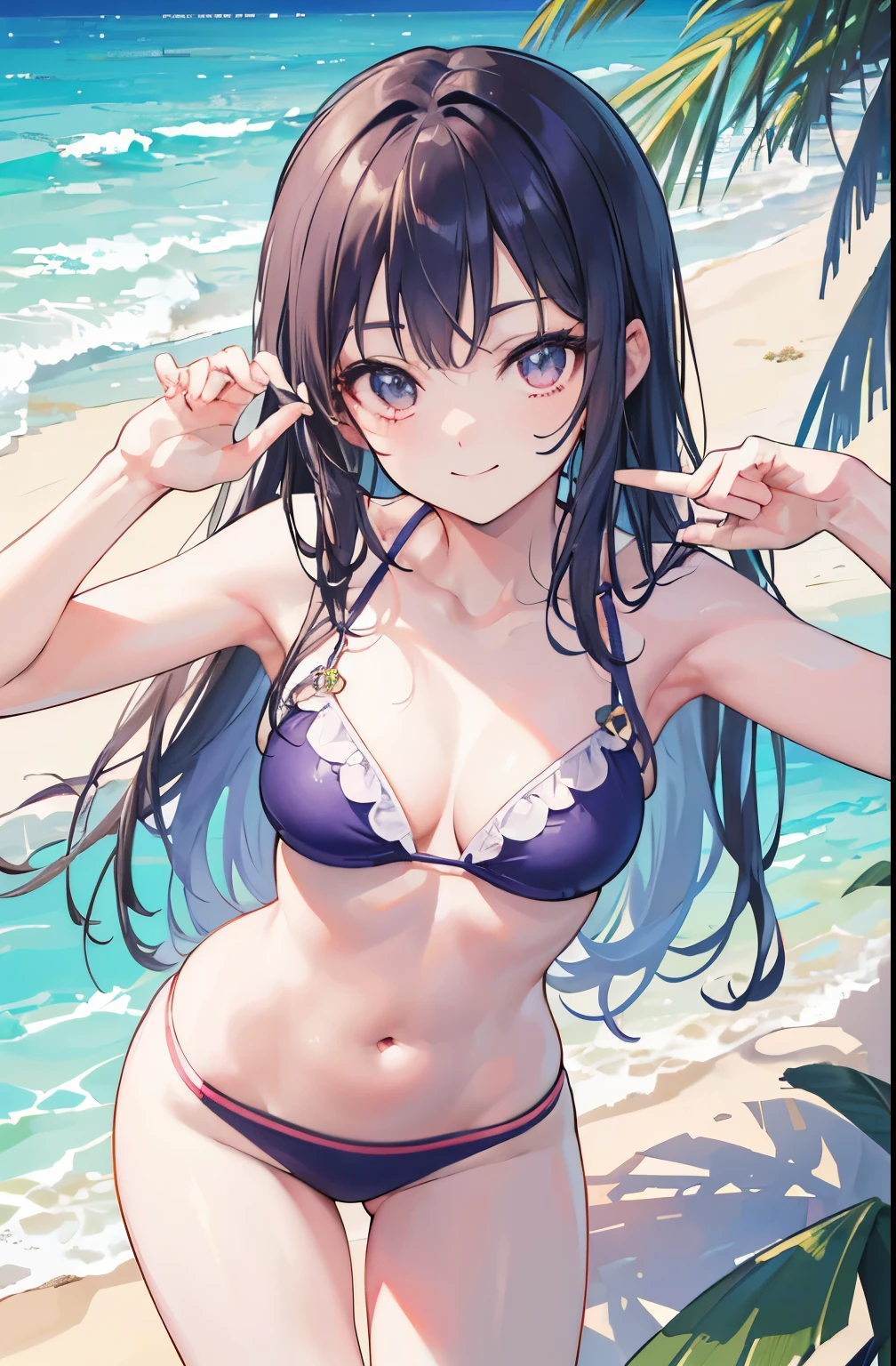 (Everlasting summer beach), (Bikini swimwear), (masterpiece, top-quality, 8K picture quality)、(Realistic), THE ULTIMATE ANIME ILLUSTRATOR:1.2, hight resolution), (look from down:1.2), (Beautiful leg lines:1, thick thight:1.1),1girl in,20yr old, detailed thigh, Lively composition、Toothy smile、((Lean forward and look into the camera:1.4))、stick out one ear、cowboy shot、Perfect Anatomy、