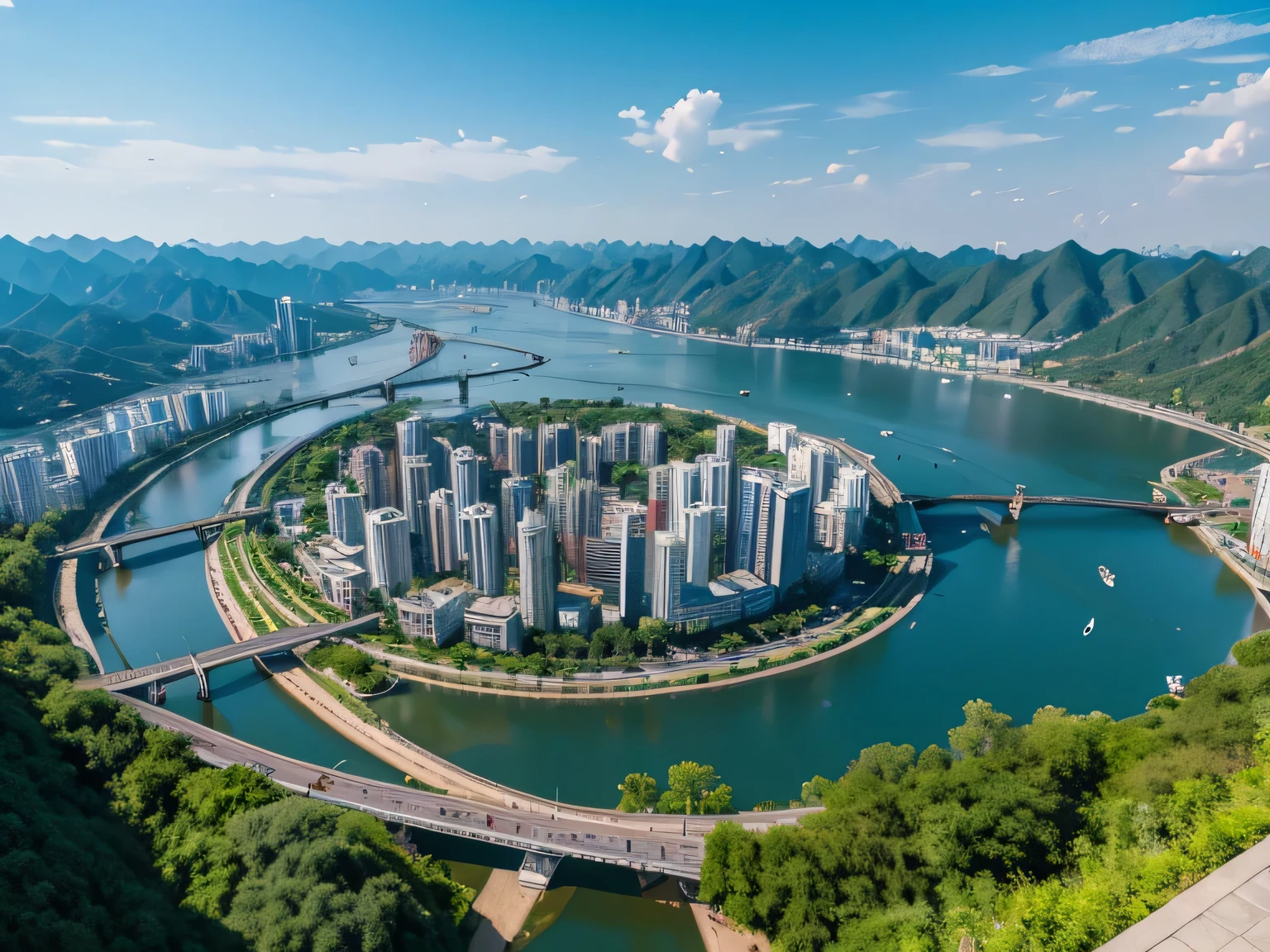 Aerial perspective，aerial view of a city with a river running through it, aerial view of a city, baotou china, wide angle river, Hangzhou, Drone overlooking the city, Shenzhen, Guangjian, bird&#39;urban perspective, ruanjia, view from above, wide angle aerial shot, Xianxia, View above, 古老土地的bird瞰图