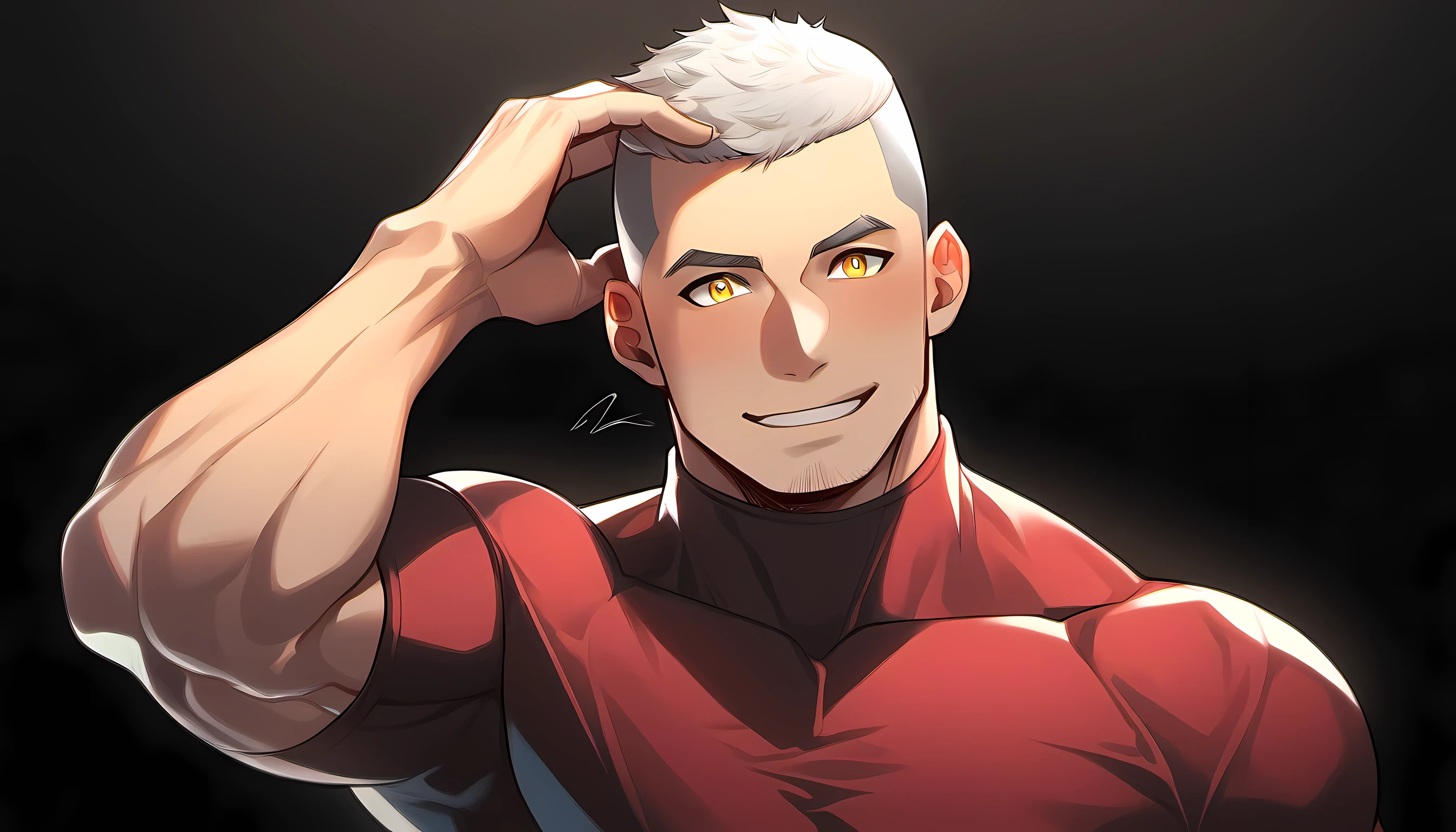 1 young muscular man, male focus, High collar dark red spandex tight T-shirt, white hair, buzz clip, muscular male, muscular, only, Upper body, alone, white short hair, stubble, yellow eyes, black background, simple background, amazing quality, best aesthetics, Ridiculous, bright pupils, short hair, Smile innocently, blush, best quality