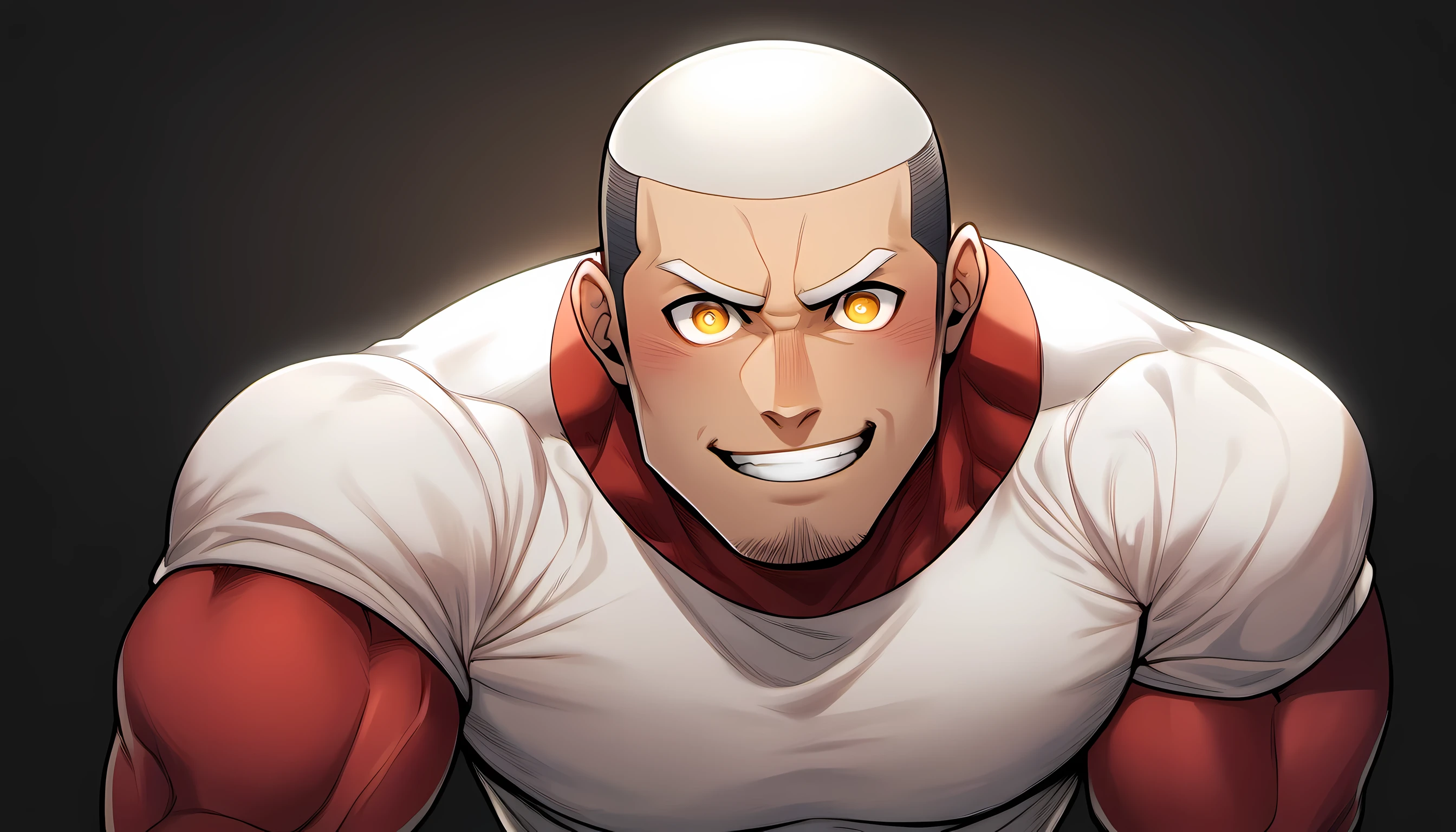 ung muscular man, male focus, High collar dark red spandex tight T-shirt, white hair, buzz clip, muscular male, muscular, only, Upper body, alone, white short hair, stubble, yellow eyes, black background, simple background, amazing quality, best aesthetics, Ridiculous, bright pupils, short hair, Smile innocently, blush, best quality