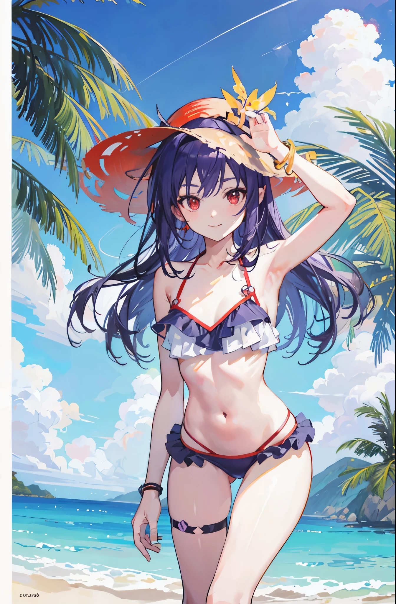 (Everlasting summer beach), (Bikini swimwear), (masterpiece, top-quality, 8K picture quality)、(Realistic), THE ULTIMATE ANIME ILLUSTRATOR:1.2, hight resolution), (look from down:1.2), (Beautiful leg lines:1, thick thight:1.1),1girl in,20yr old, detailed thigh, Lively composition、yuuki konno, yuuki sao, purple hair, red eyes, red headband, Toothy smile、((Lean forward and look into the camera:1.4))、stick out one ear、cowboy shot、Perfect Anatomy、
