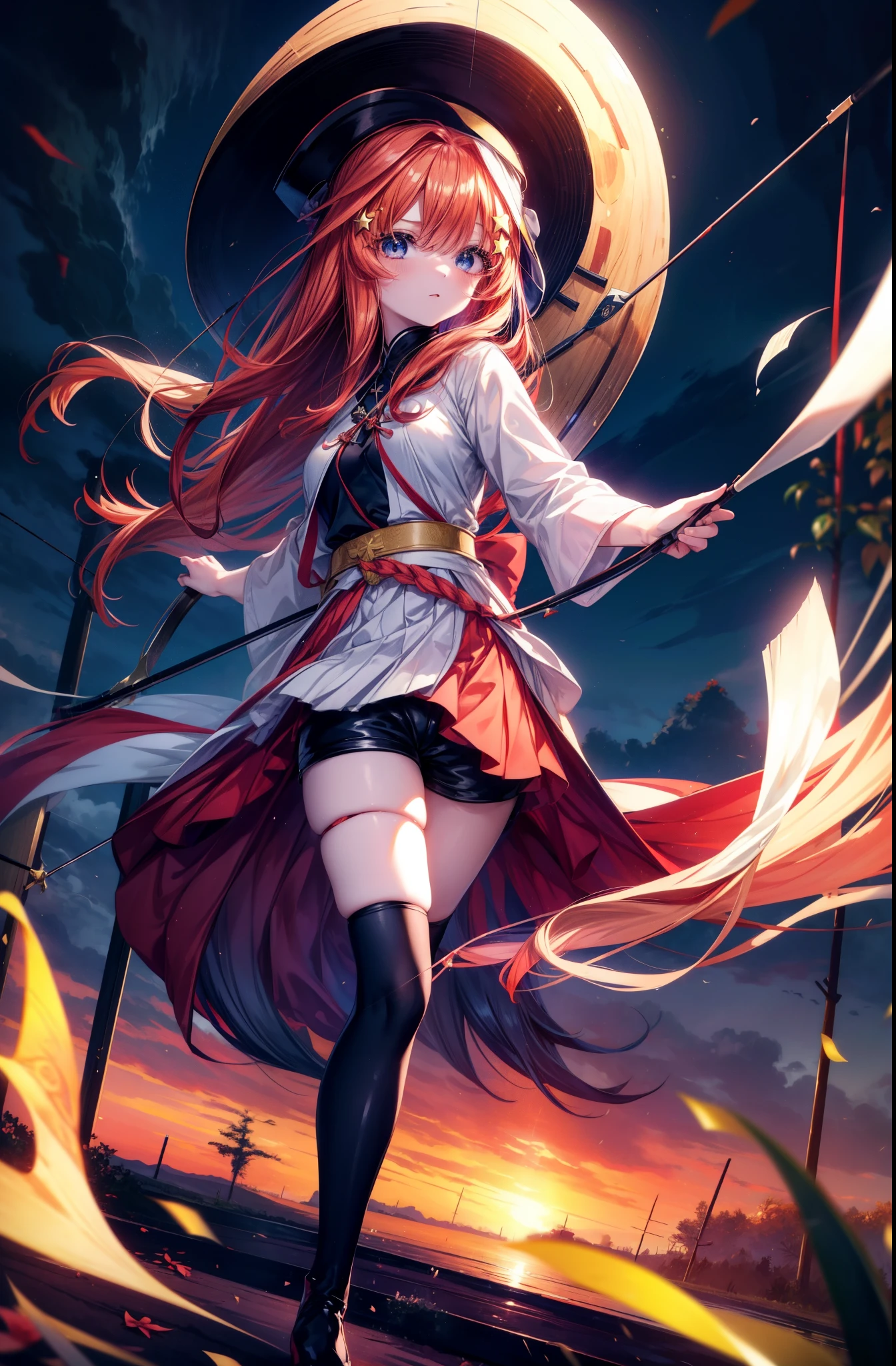 itsukinakano, Itsuki Nakano, bangs, blue eyes, hair between eyes, back hair　dumpling hair, redhead, star \(symbol\), hair ornaments, star hair ornaments,hood up,holding a bow and arrow in his hands, anime girl with bow and arrow, Gviz, wield a bow, asymmetrical clothes, boots, cloak,gloves, red Thighhighs, high heels, shorts, Thighhighs,
break outdoors, forest,forest林,
break (masterpiece:1.2), highest quality, High resolution, unity 8k wallpaper, (figure:0.8), (detailed and beautiful eyes:1.6), highly detailed face, perfect lighting, Very detailed CG, (perfect hands, perfect anatomy),