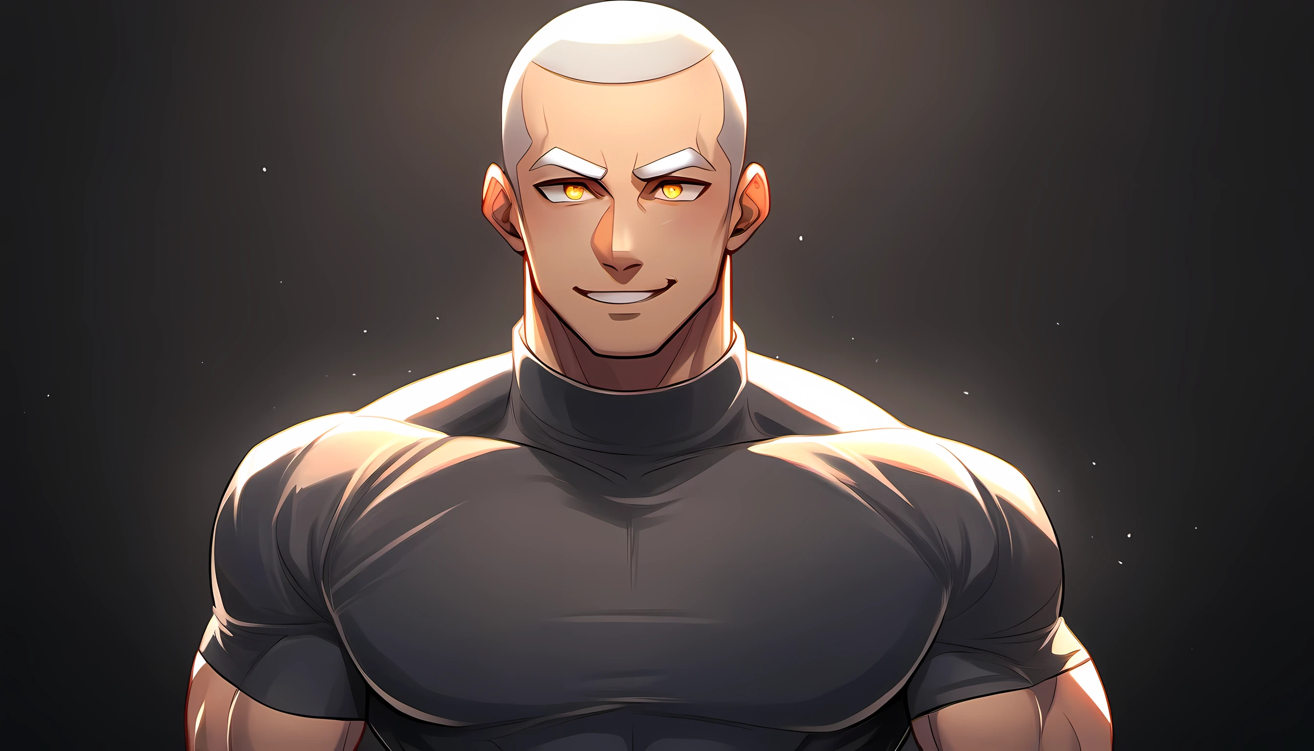 1 young muscular man, male focus, High collar dark gray spandex tight T-shirt, white hair, buzz clip, muscular male, muscular, only, Upper body, alone, white short hair, stubble, yellow eyes, black background, simple background, amazing quality, best aesthetics, Ridiculous, bright pupils, short hair, Smile innocently, blush, best quality
