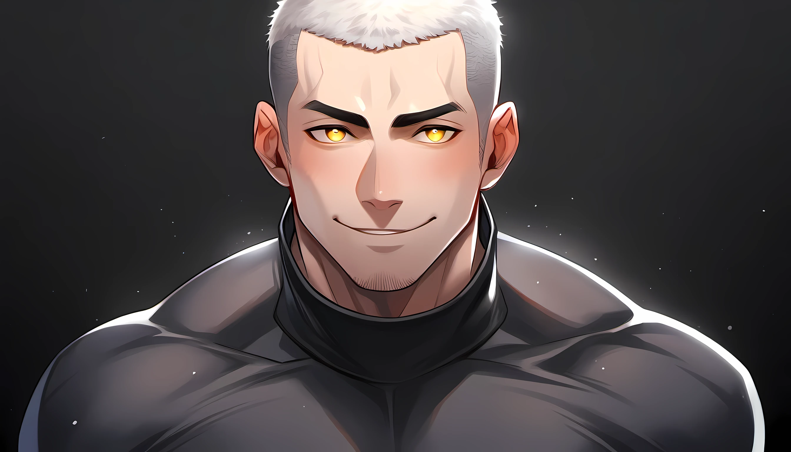ung muscular man, male focus, High collar dark gray spandex tight T-shirt, white hair, buzz clip, muscular male, muscular, only, Upper body, alone, white short hair, stubble, yellow eyes, black background, simple background, amazing quality, best aesthetics, Ridiculous, bright pupils, short hair, Smile innocently, blush, best quality