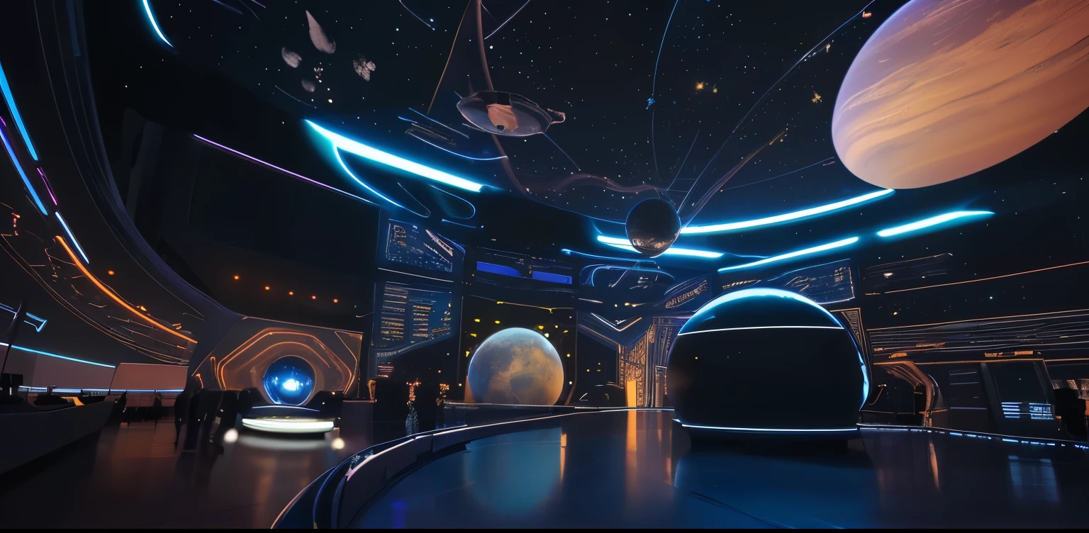Space exhibition hall,future,high tech,Glowing planet hanging in the sky,Sky full of stars,reflection,high tech,HED,holographic,