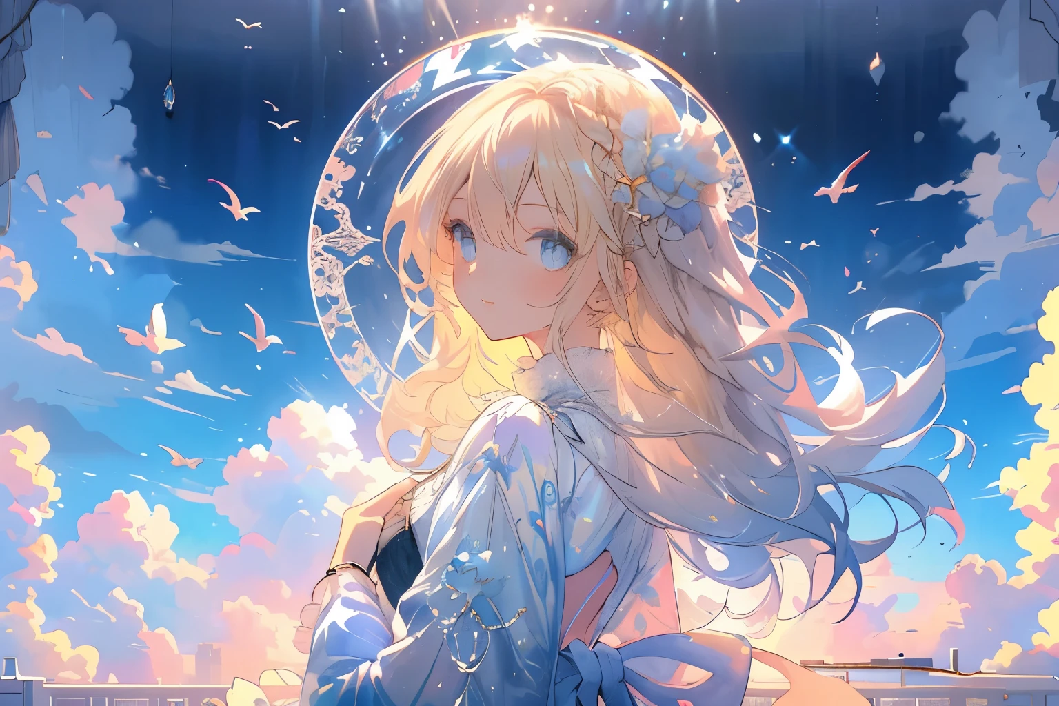 ((ultra - detailed),Heavenly sky background,Beautiful clouds,The light from the back window is backlighted,factor,Watercolor pattern in calm colors),(Watercolor texture), ((1girll),Long grey hair,blonde hair,e Blue Eyes,adolable,angelicales),lightsmile,ta prostitute,The highest image quality