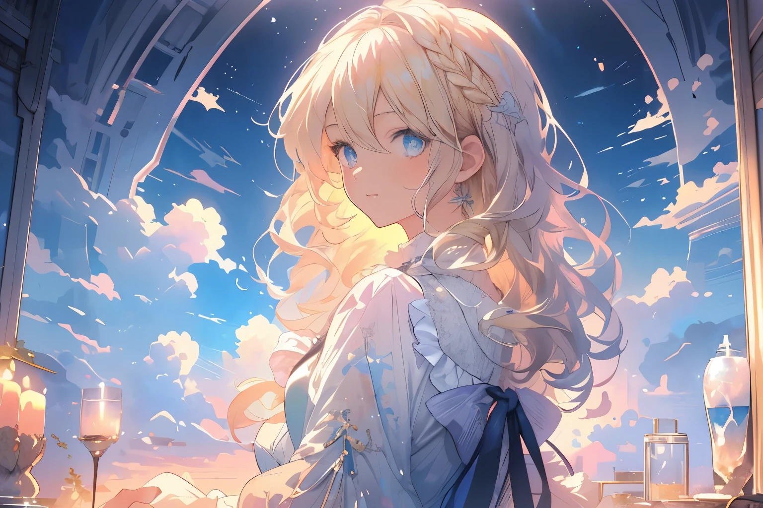 ((ultra - detailed),Heavenly sky background,Beautiful clouds,The light from the back window is backlighted,factor,Watercolor pattern in calm colors),(Watercolor texture), ((1girll),Long grey hair,blonde hair,e Blue Eyes,adolable,angelicales),lightsmile,ta prostitute,The highest image quality