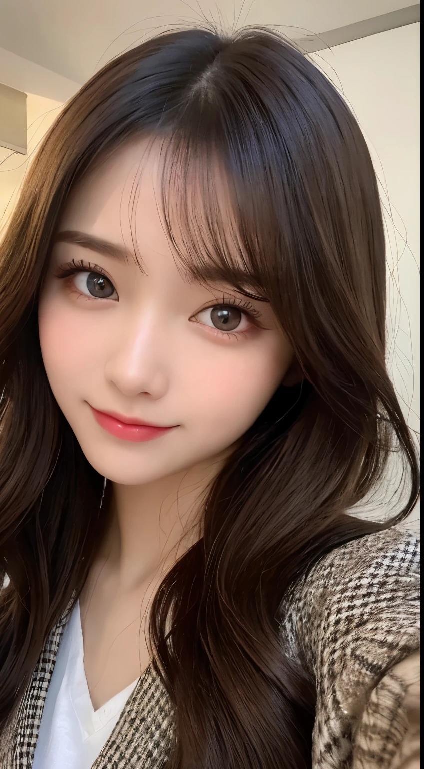 table top, highest quality, shape, Super detailed, finely, High resolution, 8k wallpaper, 完璧なダイナミックな構shape, beautiful and detailed eyes, small breasts,natural color lip, ,smile、20 year old girl、cute、sexy shot looking at camera,Always blur the background,perfect and beautiful face,Take only the face,beautiful and detailed face、slim face and style,Big eyes、do gal makeup、Plaid jacket、All-in-one