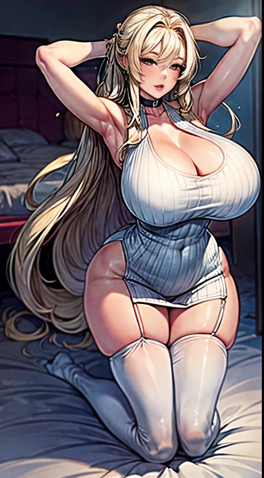 bmb-fc, sunny, bodycon dress, 1girl, face, woman , (masterpiece, best quality), 1girl, 18 years old, kneeling pose, show armpit, platinum blonde hair, long wavy hair, plump lips, bimbo lips, huge breast, hourglass figure, wake up face, exposed navel, super hot sweater outfit, choker, bedroom, thighhighs,
