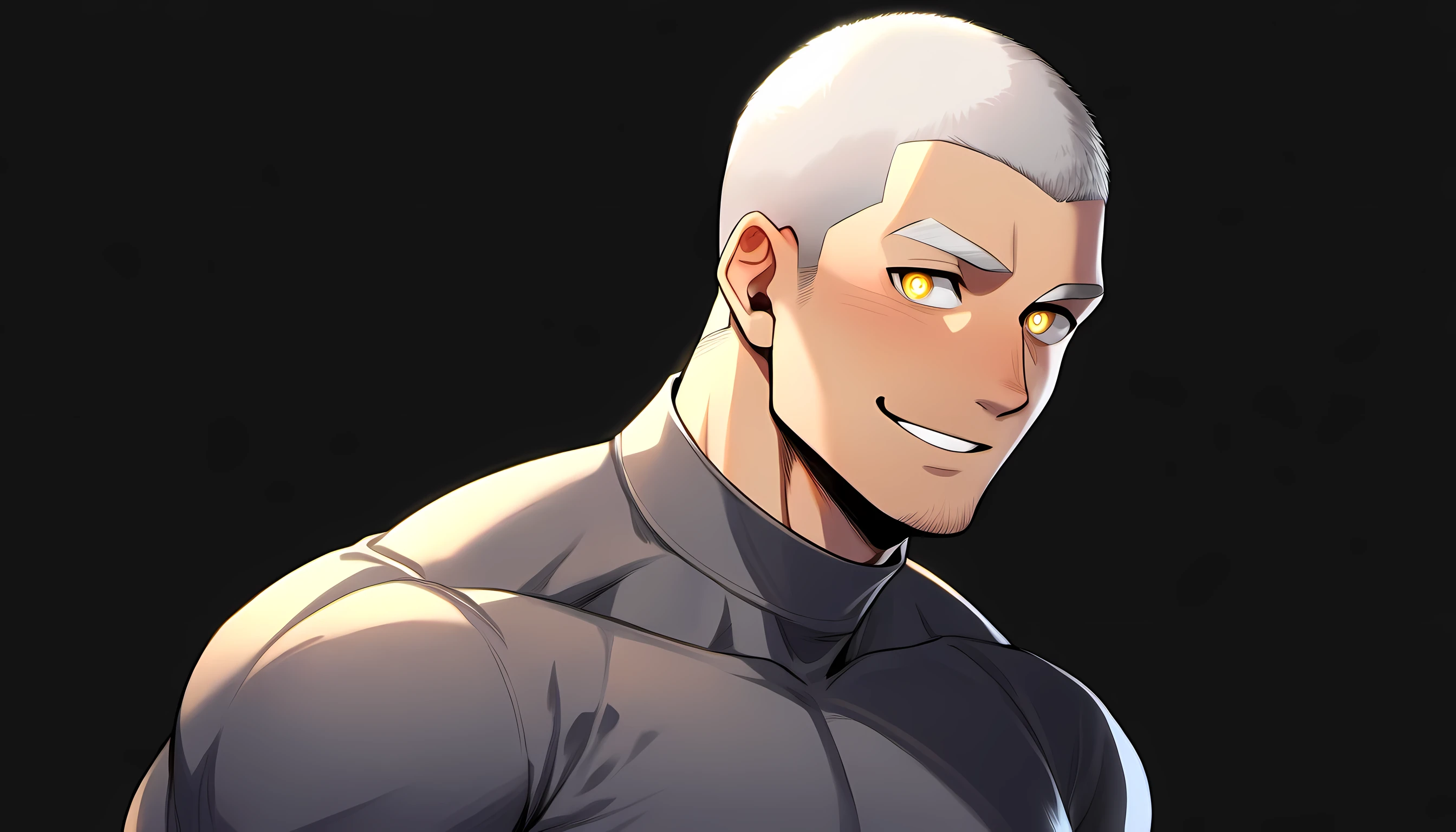 1 young muscular man, male focus, High collar dark gray spandex tight T-shirt, white hair, buzz clip, muscular male, muscular, only, Upper body, alone, white short hair, stubble, yellow eyes, black background, simple background, amazing quality, best aesthetics, Ridiculous, bright pupils, short hair, Smile innocently, blush, best quality