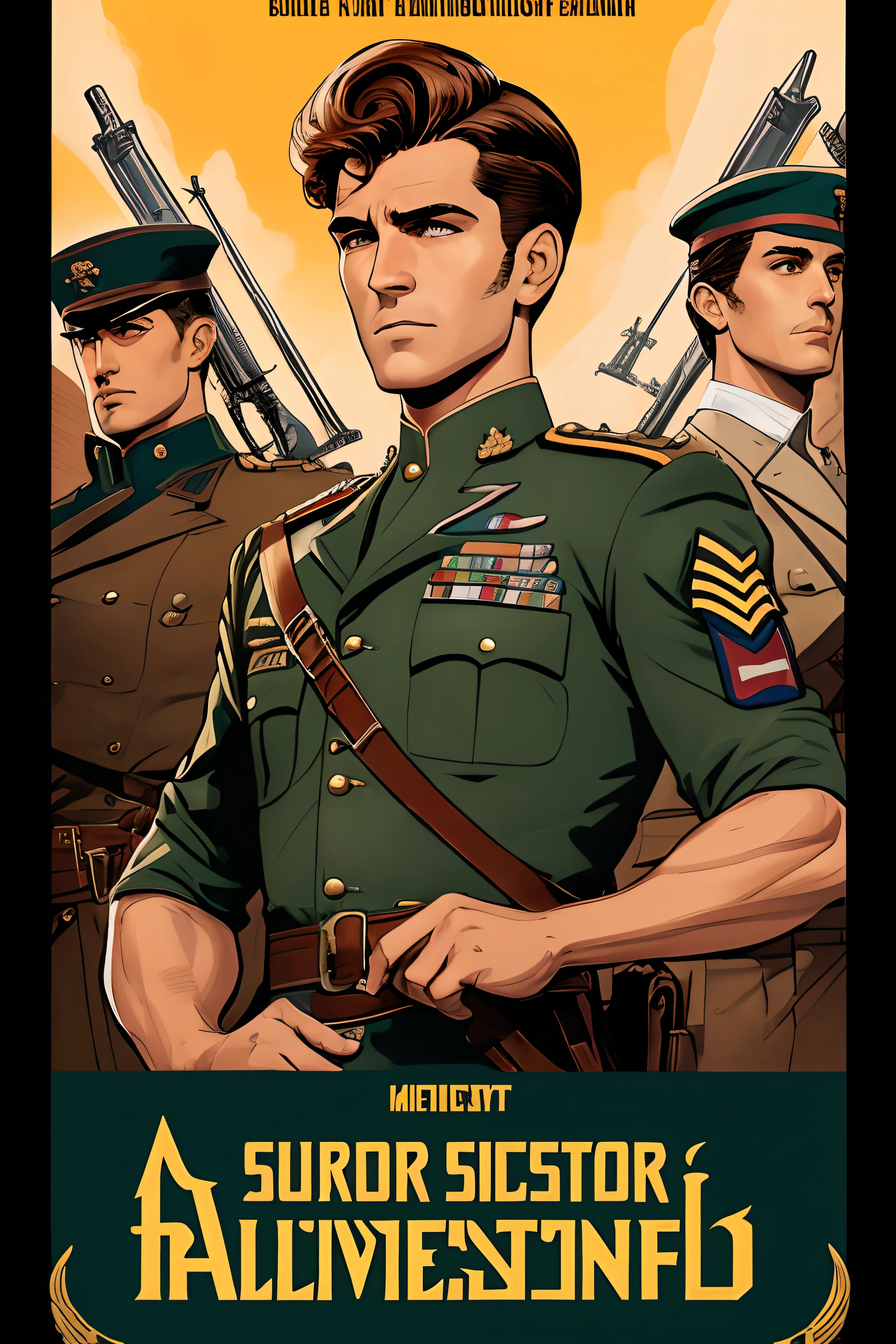 Arte inspirada John Buscema, Cartaz da Segunda Guerra Mundial, Vemos uma cadete saudando um superior, uniforme militar perfeita, short hair up to the shoulders, cor ruiva, olhos verdes claros, seios pequenos, corpo delgado, imponente no campo de batalha, Cannon fire, A scene that shows seriousness and conviction