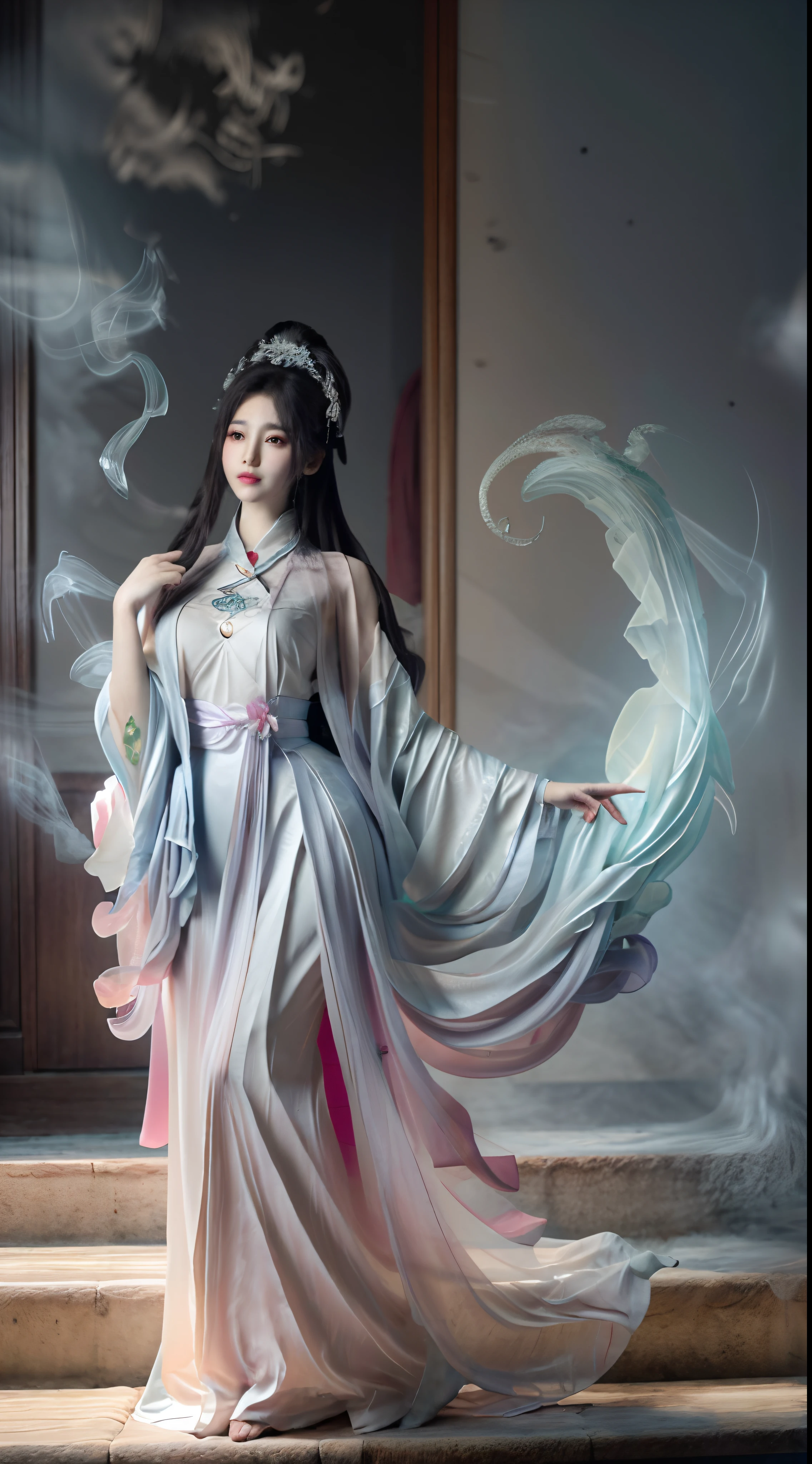 (best quality,4k,8k,high resolution,masterpiece:1.2),Super detailed,(actual,lifelike,照片般lifelike:1.37),Gorgeous,beautiful,long blonde hair, The goddess in a black and white dress sits on the steps, bathroom,sexy girl,illustration style：Kim Jong-koo, japanese goddess, Yoshigaki, amazing goddess, ethereal figure, charming eyes, beautiful white costume, Bright sunlight, sparkling silver, Yoshitomo Nara, Fuzzy green dragon-shaped smoke