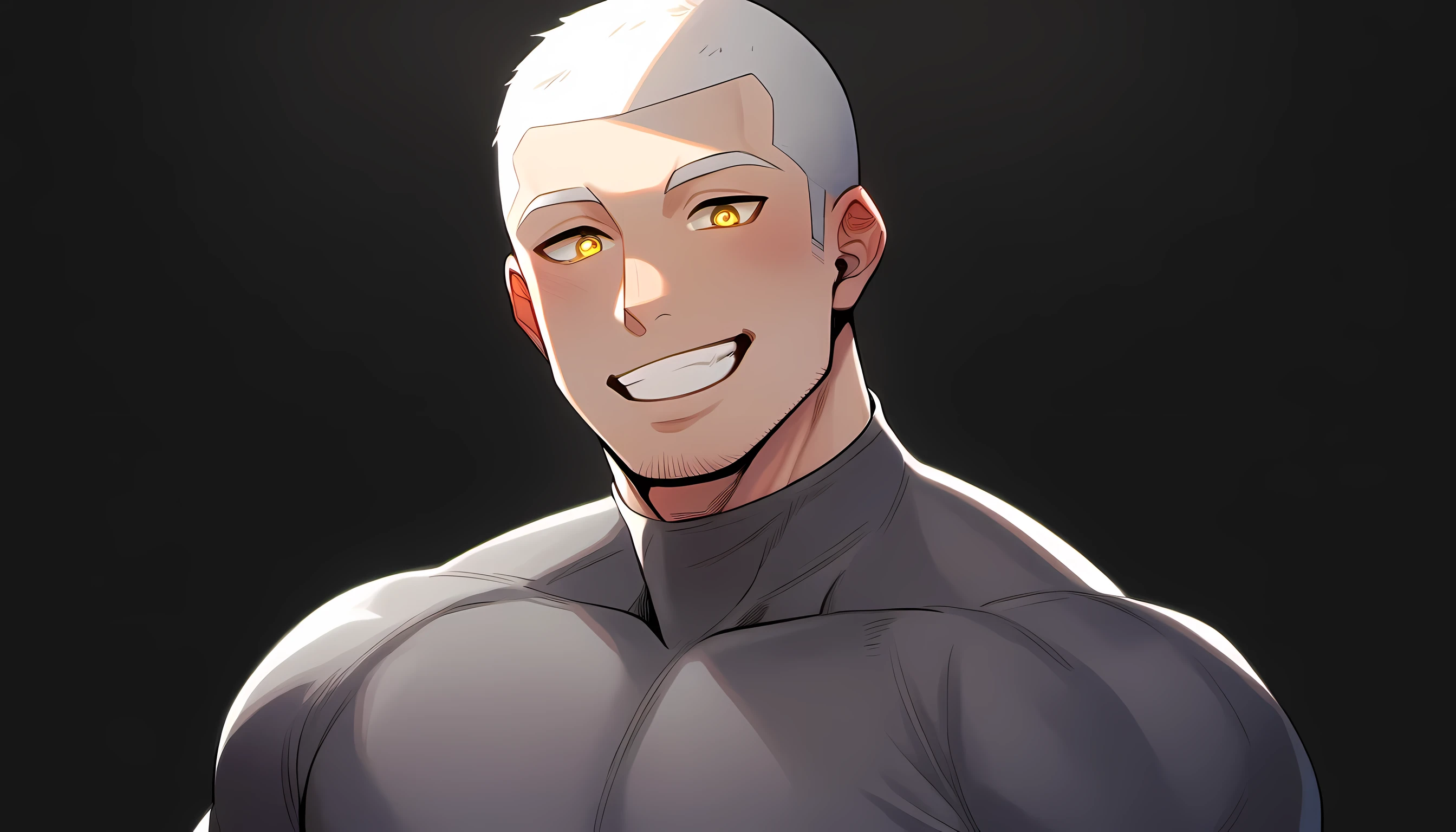 ung muscular man, male focus, High collar dark gray spandex tight T-shirt, white hair, buzz clip, muscular male, muscular, only, Upper body, alone, white short hair, stubble, yellow eyes, black background, simple background, amazing quality, best aesthetics, Ridiculous, bright pupils, short hair, Smile innocently, blush, best quality