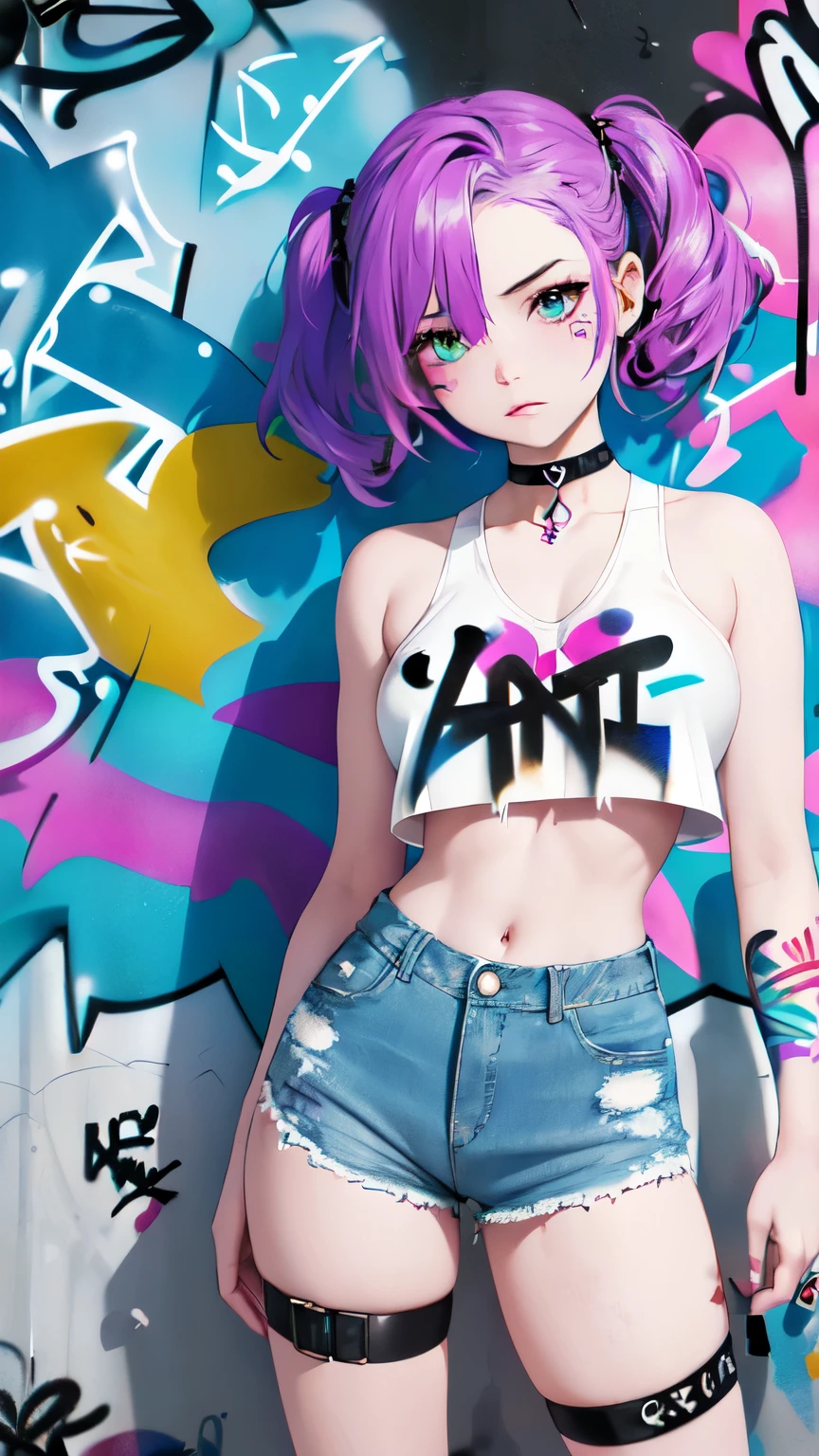 masterpiece, best quality, 1girl, solo, crop top, denim shorts, choker, (graffiti: 1.5), short hair, pink eyes, purple hair, headphones, eating ice cream, big tits, big thighs