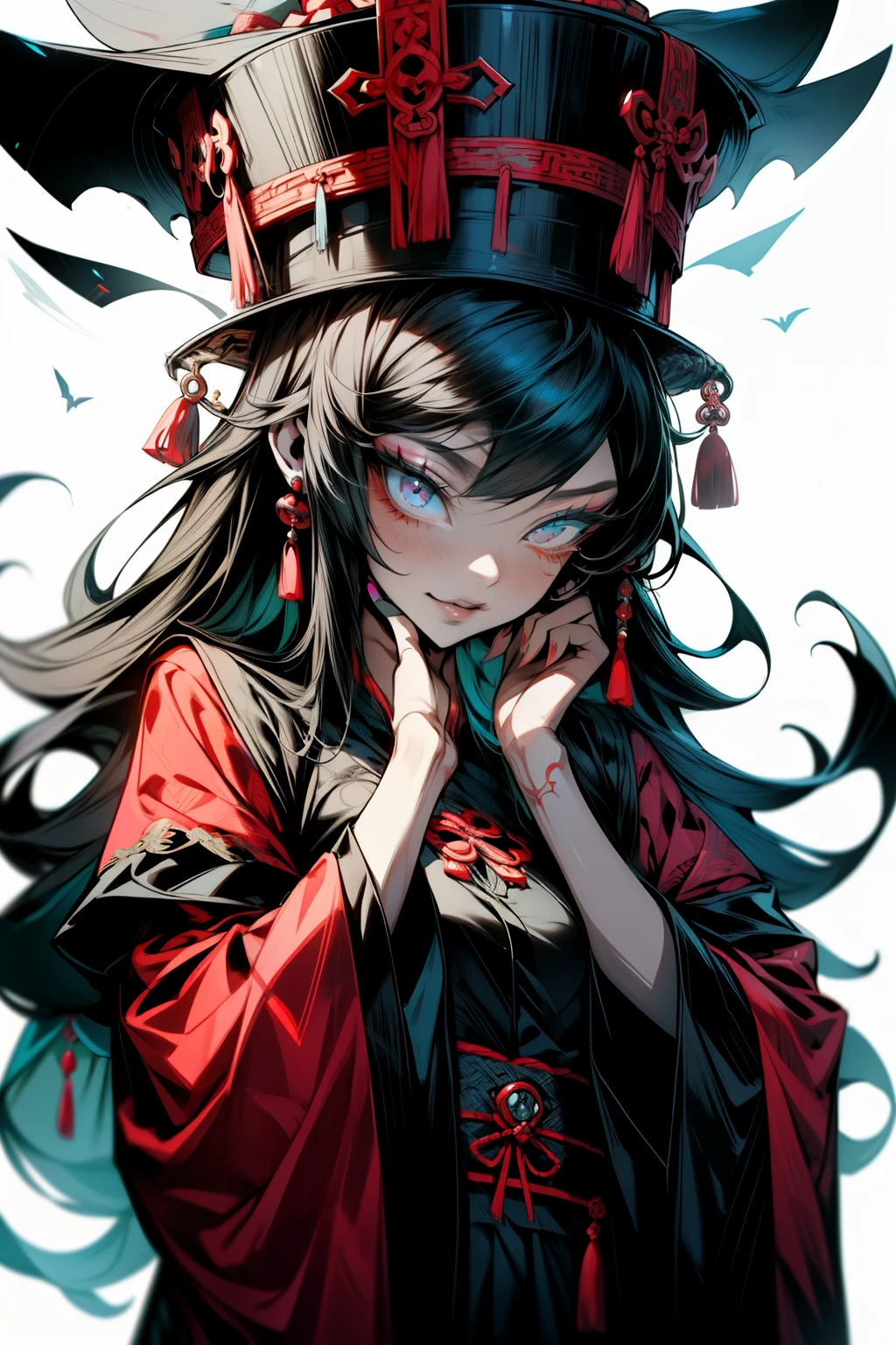 Chinese Gothic Punk、JIANGSHI style,Daughter of the Chinese emperor、Overwhelming intimidation、Emitting majesty from the whole body、Put your hands in your sleeves,(Comic Noir Style),(linear art_Anime),(solid color_highcontrast),(masutepiece, Best Quality, ),(Laura Bad Picture:1.2),(Lora Add Details:1.2),8K, Flat color:1.2,1girl in,JIANGSHI QUEEN SITTING ON A CRIMSON THRONE WEARING A HEAVY CLOAK,JIANGSHI,BEAUTY JIANGSHI、Very long hair、Chinese Opera style makeup,Luxurious costume with beautiful embroidery_Dragon and phoenix embroidery:1.2,(lora:add more detail:1.2)