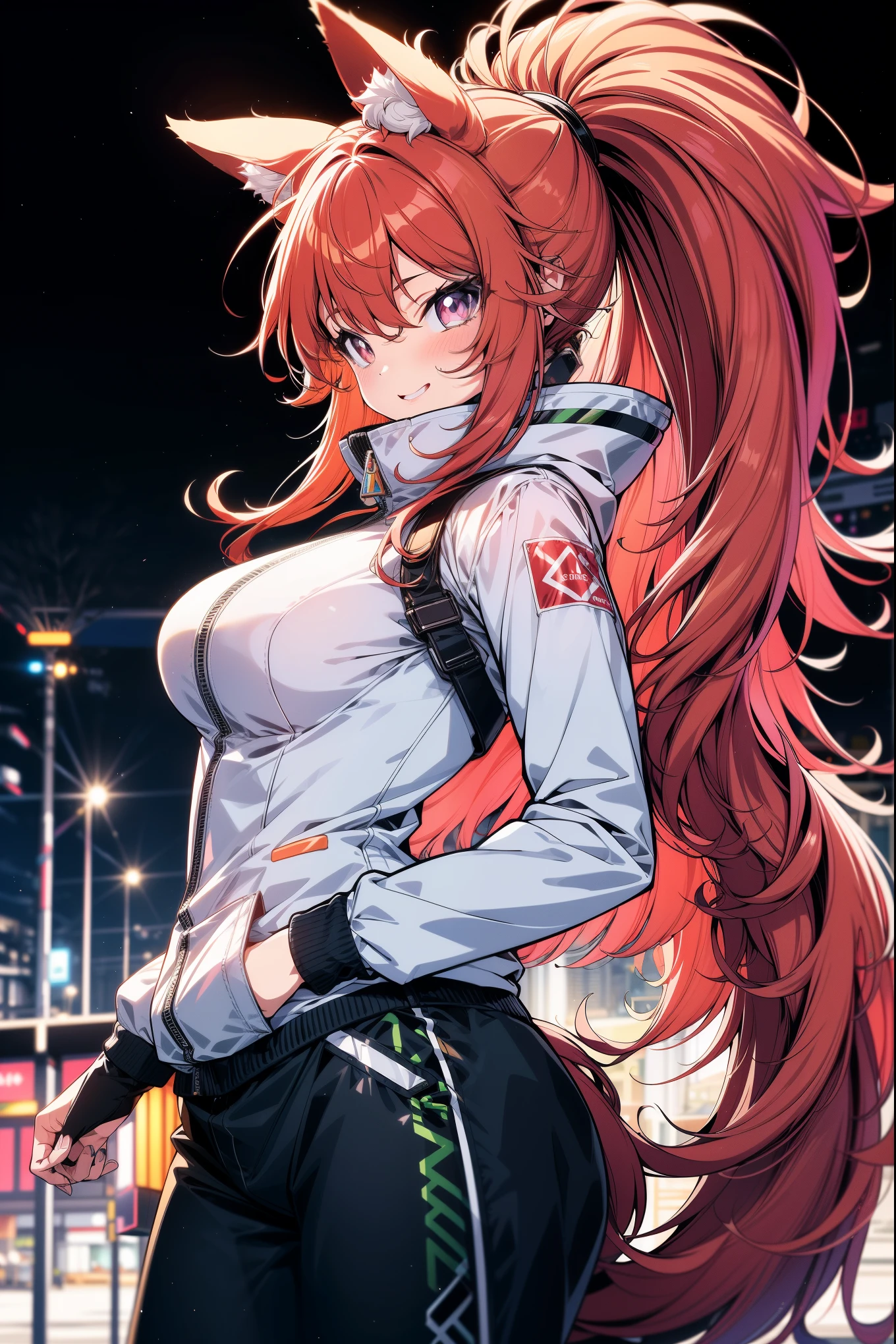 Anime style, 18 year old girl back towards viewer looking over shoulder, far from viewer, fiery red hair, purple eyes, long hair, anatomically correct, full body image, beautiful body, naked, alleyway with red neon graffiti, heavy rainfall, soaking wet clothing and hair, dystopian cyberpunk city, drop shadow, film grain, vignetting, silhouette, front view carrying sex