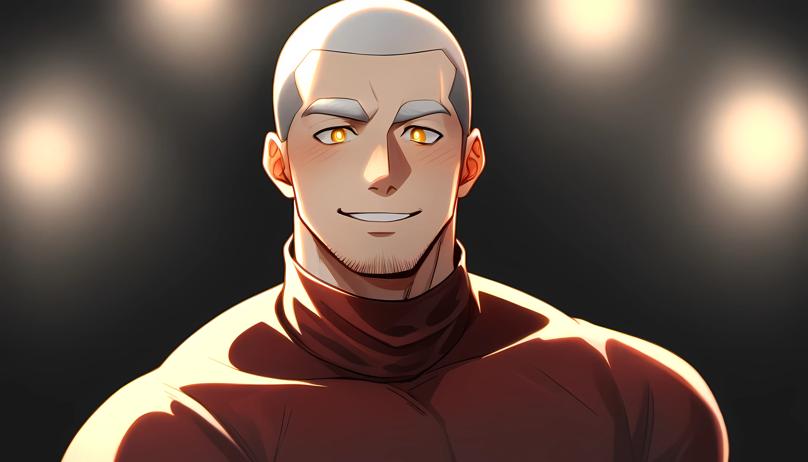 1 young muscular man, male focus, High collar dark red spandex tight T-shirt, white hair, buzz clip, muscular male, muscular, only, Upper body, alone, white short hair, stubble, yellow eyes, black background, simple background, amazing quality, best aesthetics, Ridiculous, bright pupils, short hair, Smile innocently, blush, best quality