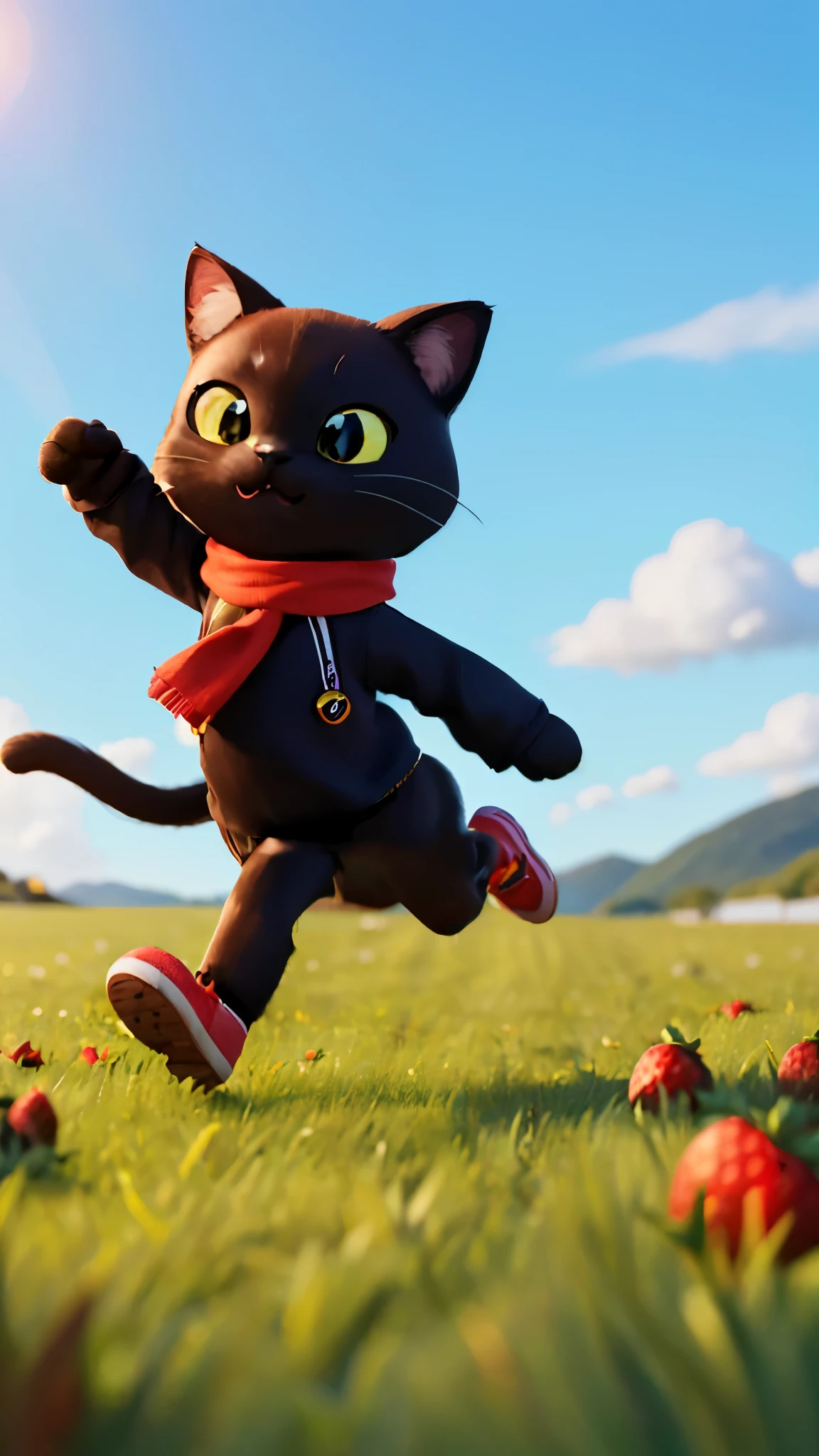 (High resolution, CG art, 8k, wallpaper, masterpiece, highest quality, art by designerarathon event, cute black cat, Black cat running on two legs, red muffler)), grassland, Sunny, bright sunshine, lots of strawberries, chocolate,running shoes, sneakers,