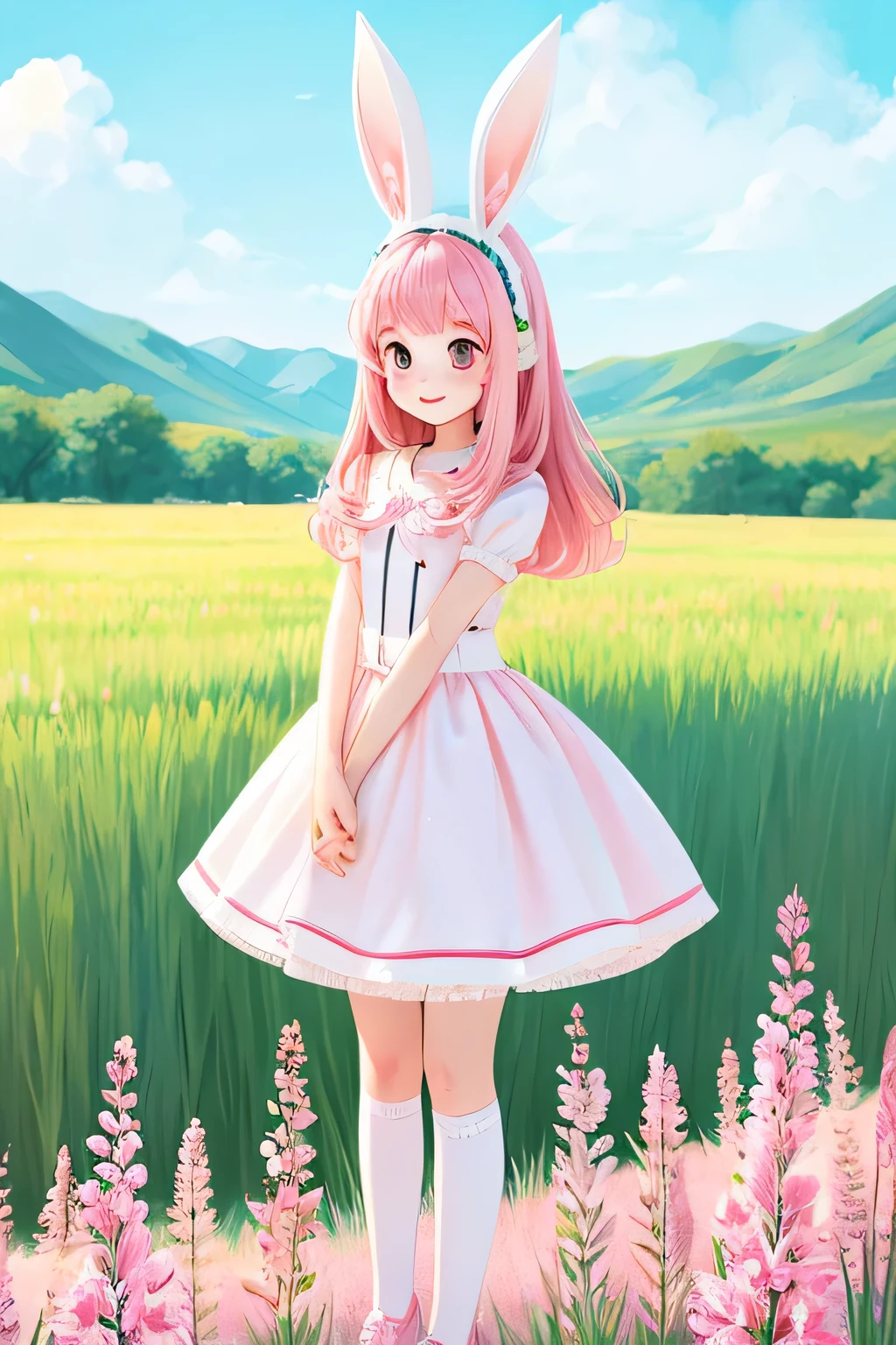 An illustration,rabbit girl,pink hair,,cute,Are standing,semi-long,field