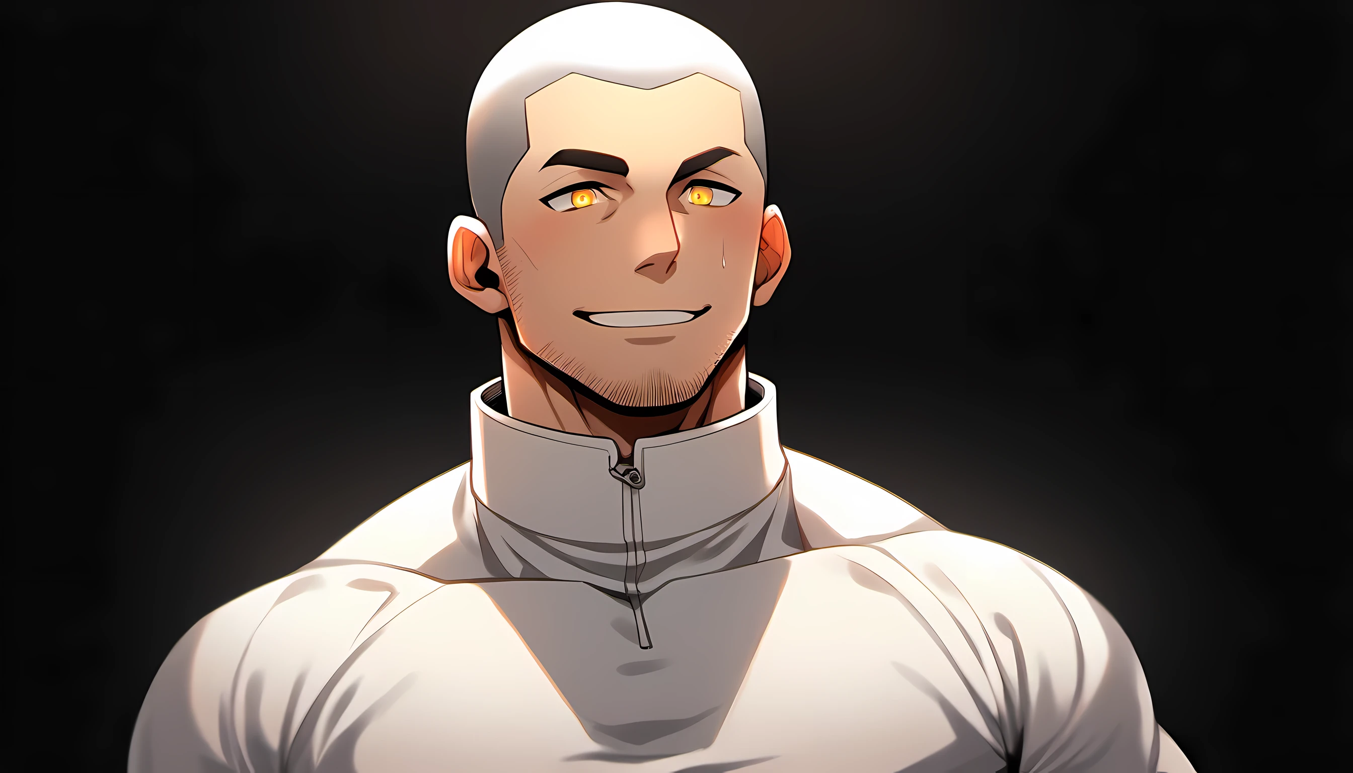 1 young muscular man, male focus, High collar dark red spandex tight T-shirt, white hair, buzz clip, muscular male, muscular, only, Upper body, alone, white short hair, stubble, yellow eyes, black background, simple background, amazing quality, best aesthetics, Ridiculous, bright pupils, short hair, Smile innocently, blush, best quality