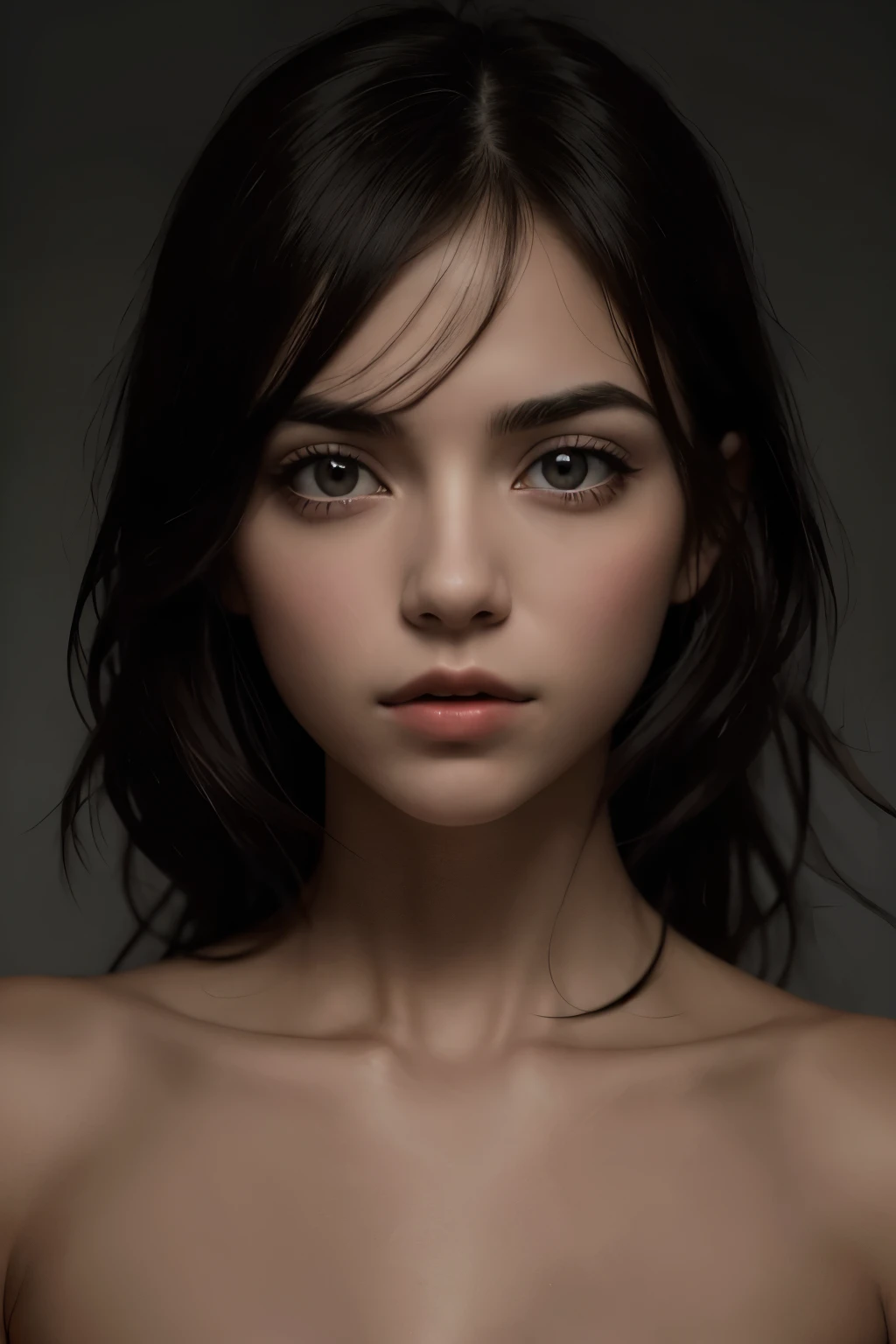 1 chica, ojo de estrella, rubor, perfect lighting, cabello rojo, ojos rojos, Motor irreal, side lighting, cara detallada, golpes, Piel brillante, fondo sencillo, fondo oscuro, desnuda