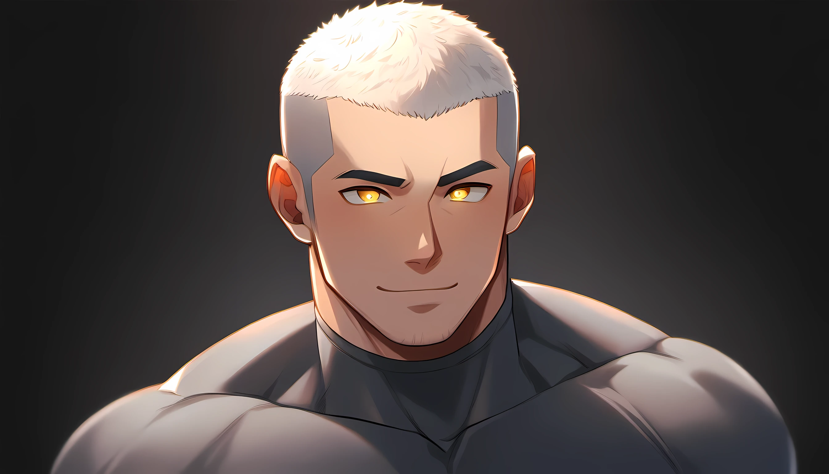 1 young muscular man, male focus, High collar dark gray spandex tight T-shirt, white hair, buzz clip, muscular male, muscular, only, Upper body, alone, white short hair, stubble, yellow eyes, black background, simple background, amazing quality, best aesthetics, Ridiculous, bright pupils, short hair, Smile innocently, blush, best quality