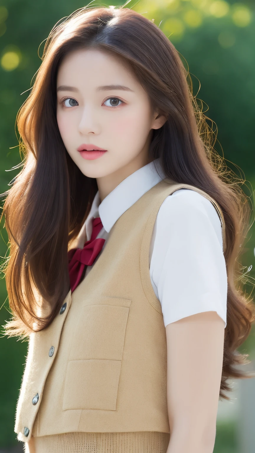 (lifelike, high resolution:1.3), 1 girl with perfect figure, The face shape and eyes are super delicate,long hair, random color vest:1.2, short jeans,