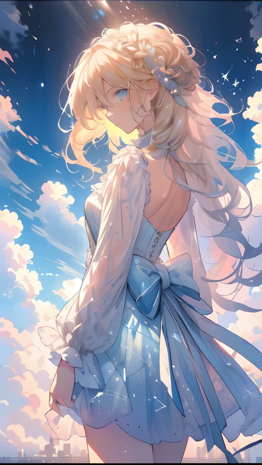((ultra - detailed),Heavenly sky background,Beautiful clouds,The light from the back window is backlighted,factor,Watercolor pattern in calm colors),(Watercolor texture), ((1girll),Long grey hair,blonde hair,e Blue Eyes,adolable,angelicales),lightsmile,ta prostitute,The highest image quality
