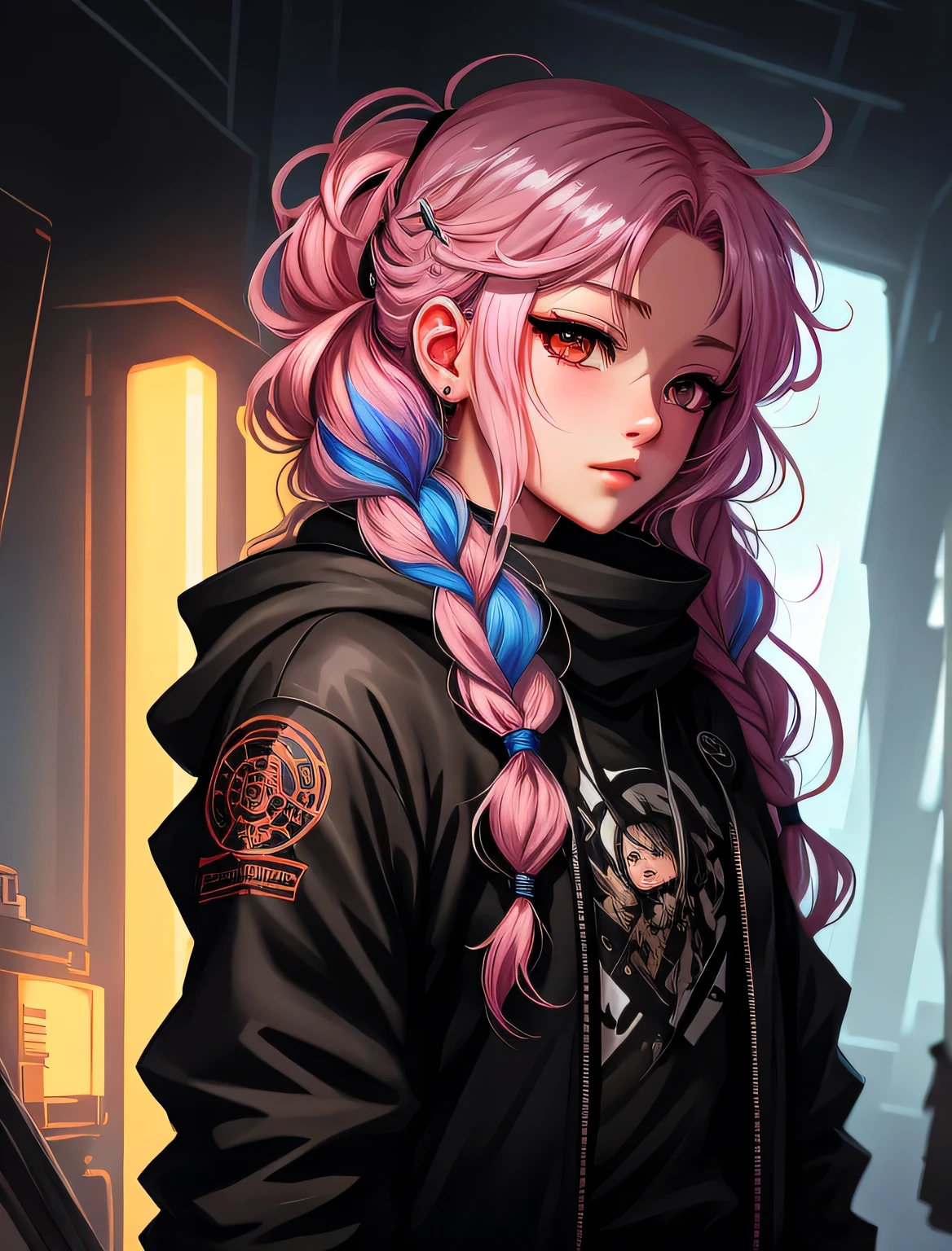 anime girl with curly long light rainbow hair,no front bang have thick dual braids with cyberpunk cloth and high tech goggle and vr, detailed digital anime art, anime art wallpaper 4 k, anime art wallpaper 4k, anime style 4 k, digital anime illustration, beautiful anime portrait, digital anime art, anime art wallpaper 8 k, anime styled digital art, artwork in the style of guweiz, beautiful anime art style