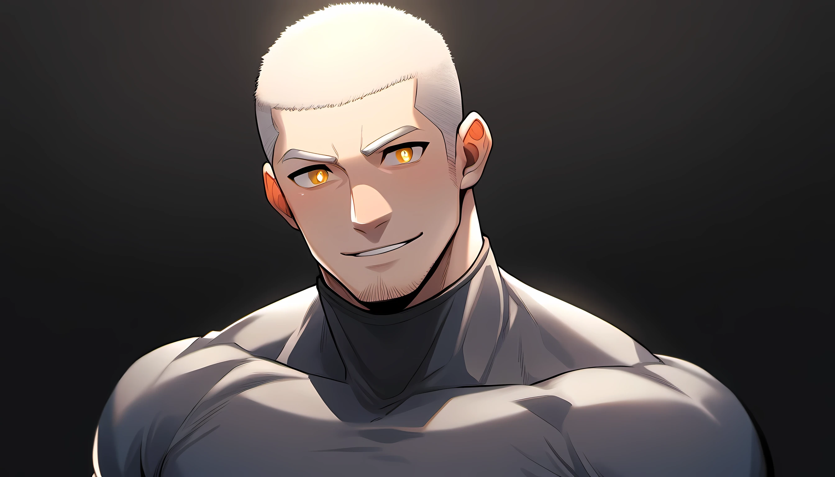 1 young muscular man, male focus, High collar dark gray spandex tight T-shirt, white hair, buzz clip, muscular male, muscular, only, Upper body, alone, white short hair, stubble, yellow eyes, black background, simple background, amazing quality, best aesthetics, Ridiculous, bright pupils, short hair, Smile innocently, blush, best quality