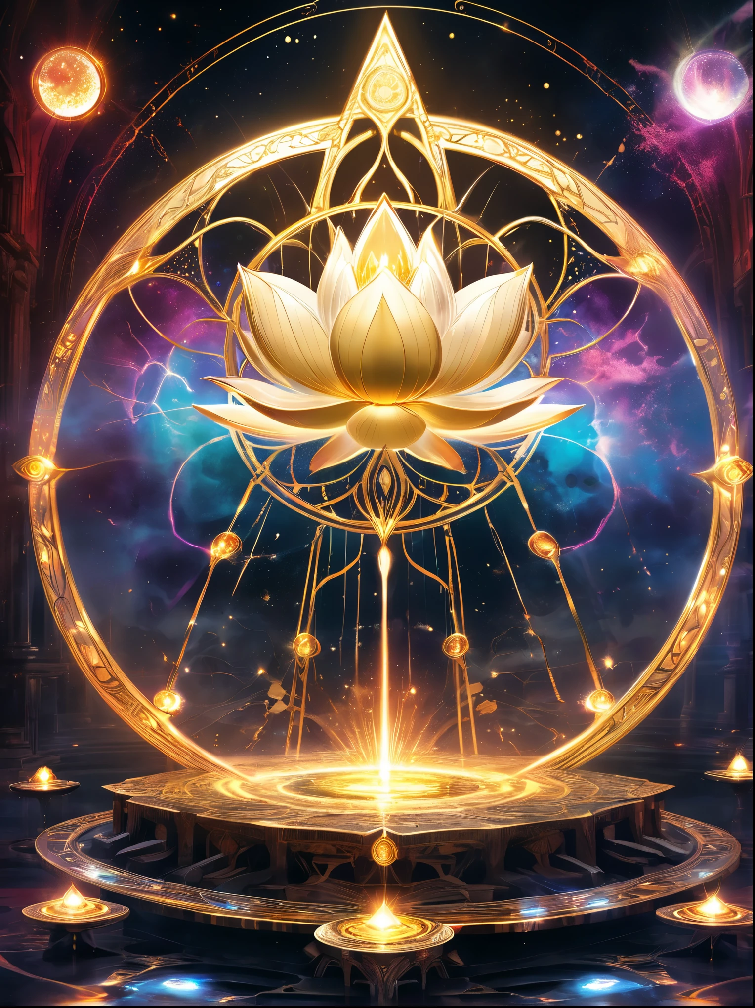 Lotus Altar,blood spreads,strange circle incident,blood splattered,Pure cosmic energy transparent magic circle,A disk made of magic,wheel of time and space,ring of light,electric wheel,polygon drawn with magic,epic magical fantasy,epic surrealism,epic thunder magic,magnificent ancient totem,magnificent mysterious magic light,epic black magic,grand gothic style、gold