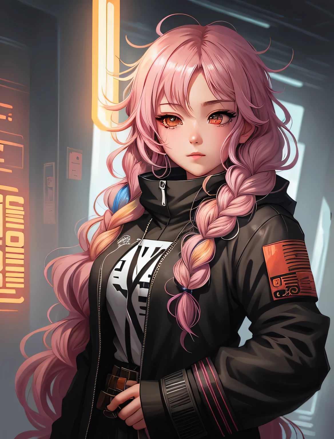 anime girl with curly long light rainbow hair,no front bang have thick dual braids with cyberpunk cloth and high tech goggle and vr, detailed digital anime art, anime art wallpaper 4 k, anime art wallpaper 4k, anime style 4 k, digital anime illustration, beautiful anime portrait, digital anime art, anime art wallpaper 8 k, anime styled digital art, artwork in the style of guweiz, beautiful anime art style