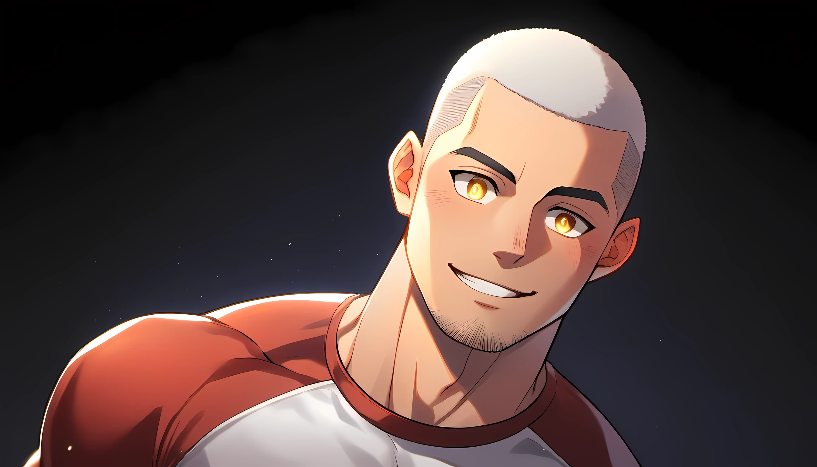 ung muscular man, male focus, High collar dark red spandex tight T-shirt, white hair, buzz clip, muscular male, muscular, only, Upper body, alone, white short hair, stubble, yellow eyes, black background, simple background, amazing quality, best aesthetics, Ridiculous, bright pupils, short hair, Smile innocently, blush, best quality