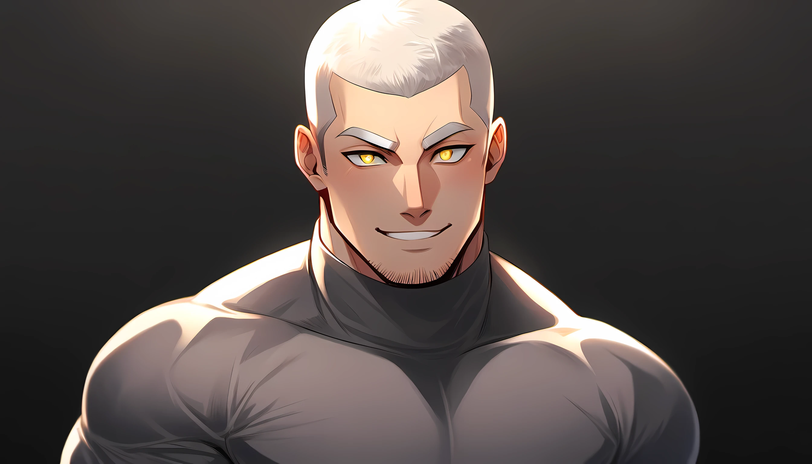 1 young muscular man, male focus, High collar dark gray spandex tight T-shirt, white hair, buzz clip, muscular male, muscular, only, Upper body, alone, white short hair, stubble, yellow eyes, black background, simple background, amazing quality, best aesthetics, Ridiculous, bright pupils, short hair, Smile innocently, blush, best quality