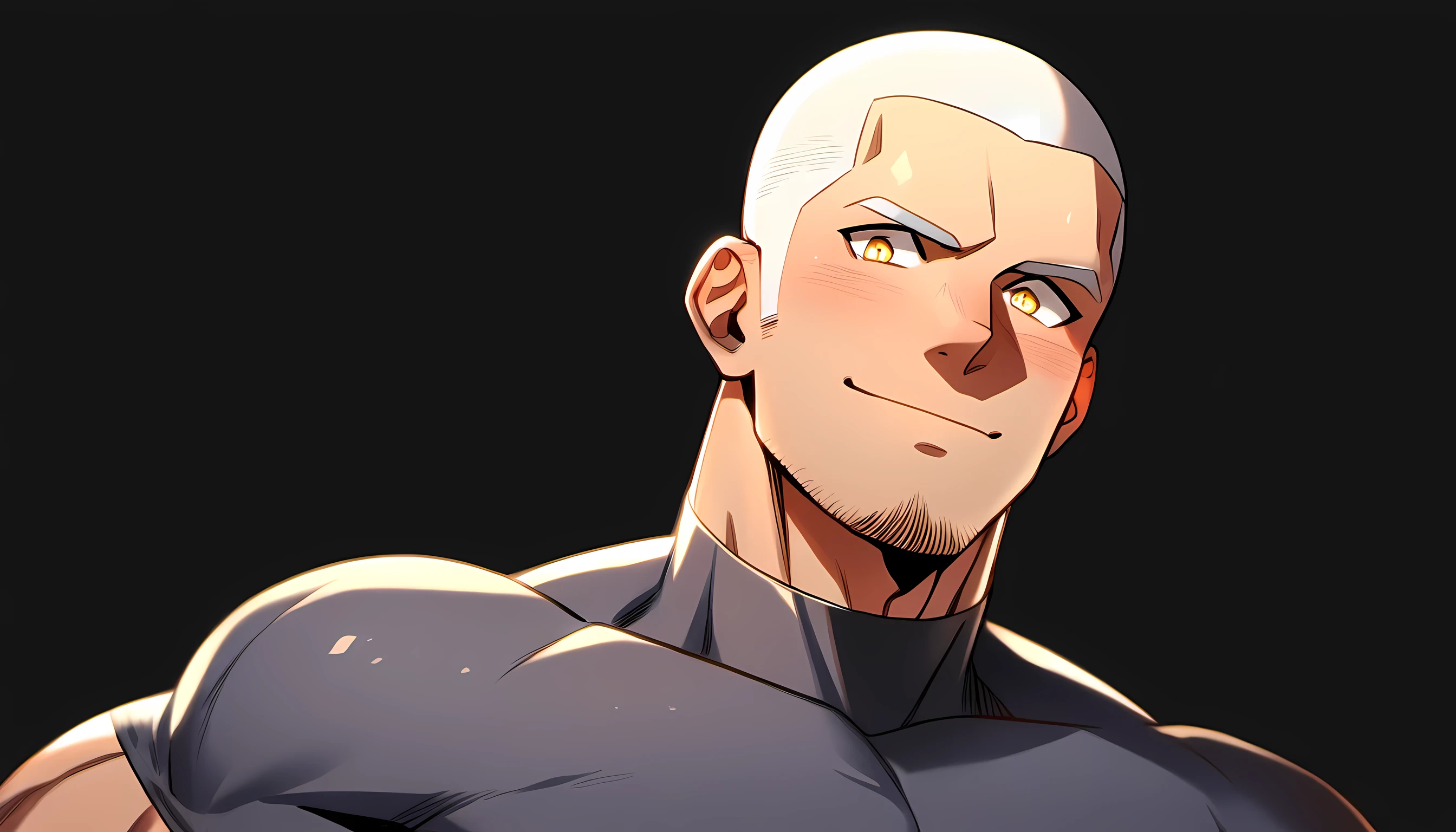 1 young muscular man, male focus, High collar dark gray spandex tight T-shirt, white hair, buzz clip, muscular male, muscular, only, Upper body, alone, white short hair, stubble, yellow eyes, black background, simple background, amazing quality, best aesthetics, Ridiculous, bright pupils, short hair, Smile innocently, blush, best quality