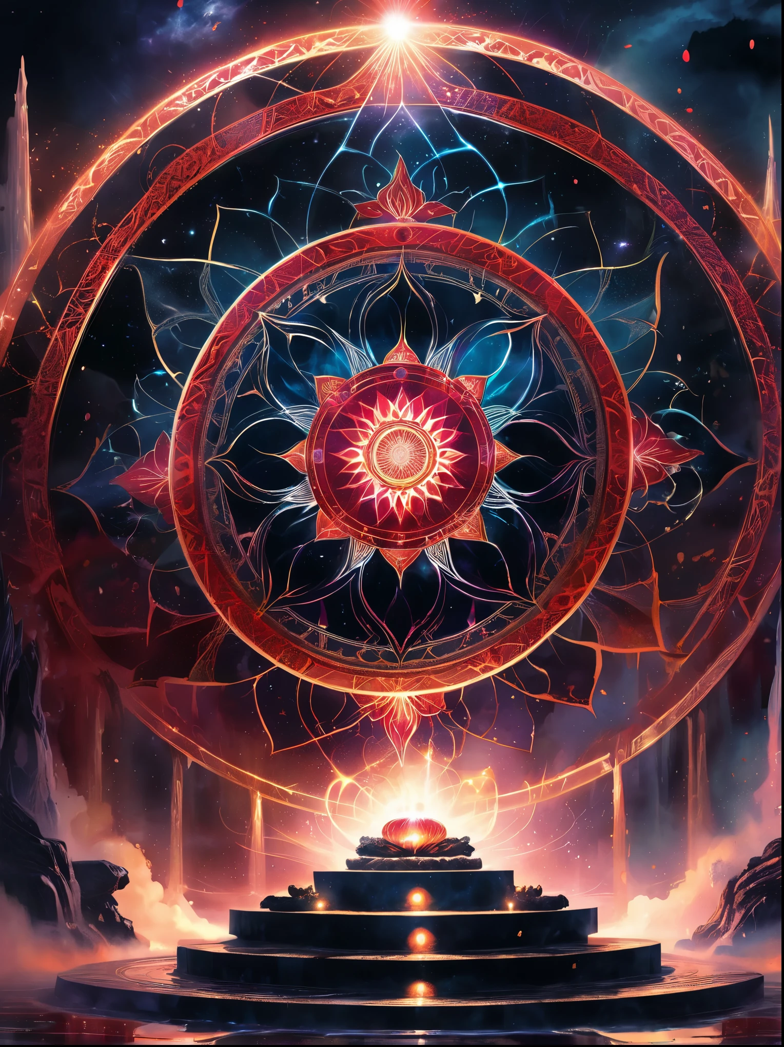 Lotus Altar,blood spreads,strange circle incident,blood splattered,Pure cosmic energy transparent magic circle,A disk made of magic,wheel of time and space,ring of light,electric wheel,polygon drawn with magic,epic magical fantasy,epic surrealism,epic thunder magic,magnificent ancient totem,magnificent mysterious magic light,epic black magic,grand gothic style