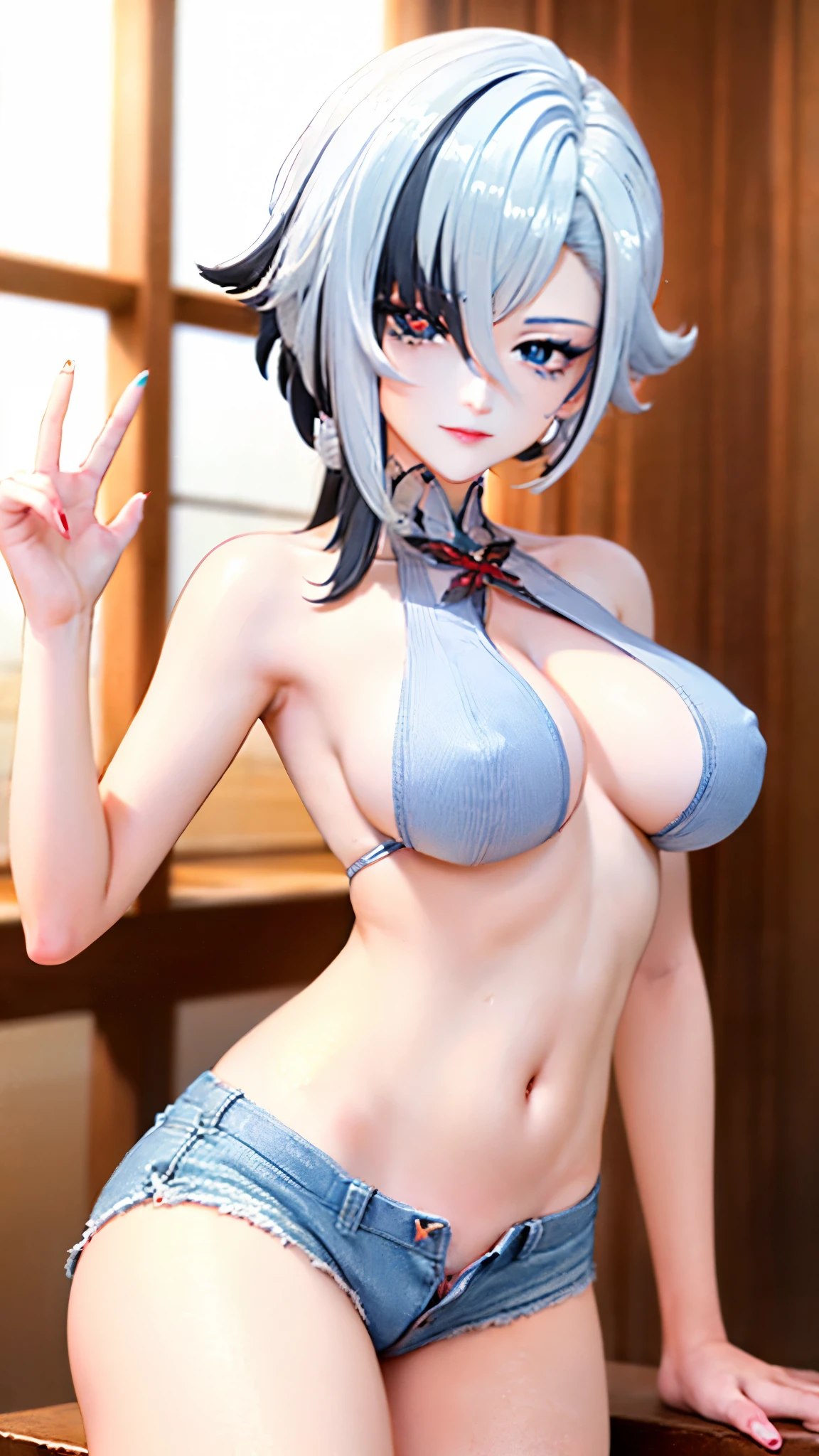 UHD, ccurate, masterpiece, anatomically correct, textured skin, super detail, best quality, 16k, 1080P,SOLO,(1 Female,perfect body, white short hair,light smile, Night, Sexy Look, Beautiful, Eager to Watch),(blue eyes:1.7)(red x-shaped pupils:1.7),(Genshin Impact/Arlecchino)