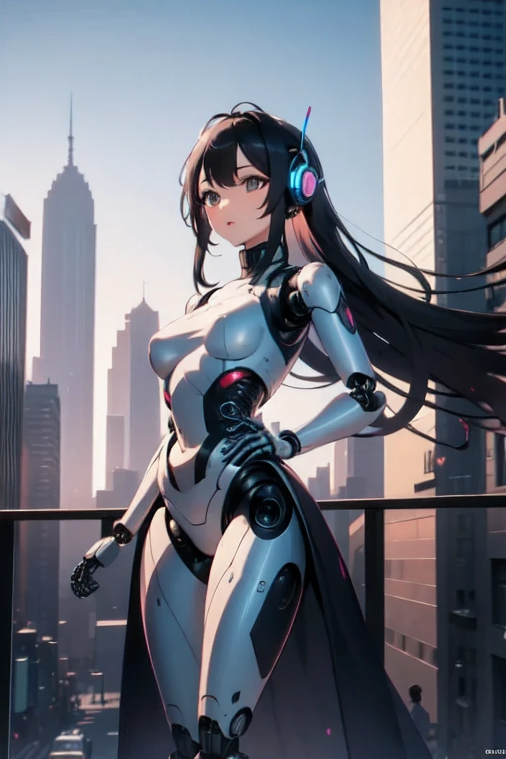 1girl, a beautiful robot with long hair , High-tech city backdrop