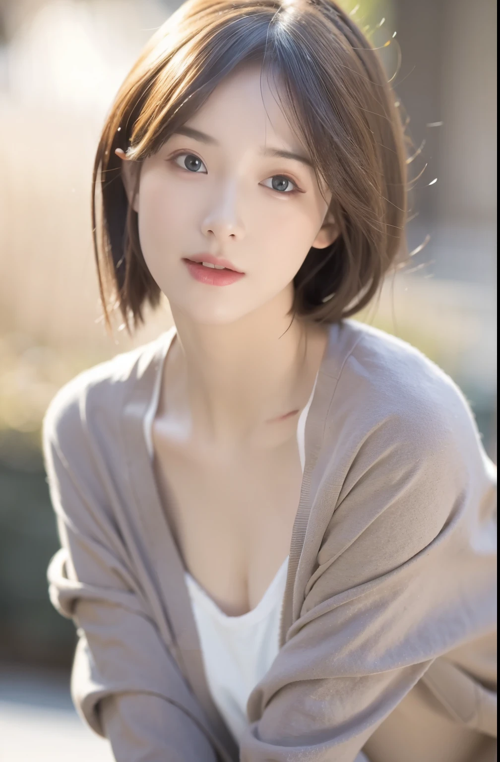 Incomparable masterpiece, perfect work of art, ((perfect female figure)), short hair, blonde hair, thin, realism, alone, (realism: 1.4), best quality, ultra high resolution, 1 girl, porcelain, kpop idol, whole body, Gray cardigan,, beautiful, masterpiece, best quality, The facial details are very rich, perfect lighting, alone, No makeup, best quality, ultra high resolution, (actual:1.4), super detailed, masterpiece, best quality, 👍 Urzan-6500-v1.1