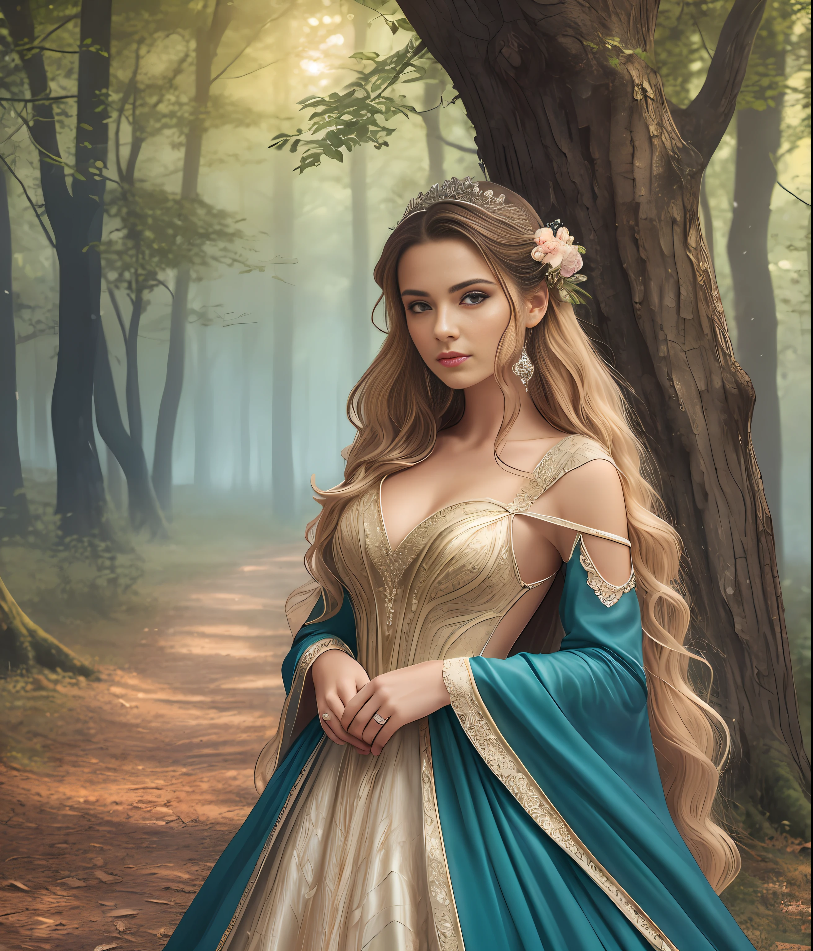Beautiful realistic photo, 2 characters, Beautiful realistic photo, A man stands near a tree, leaning against it, (Correct anatomy of the hands), Dressed in a fantastic costume, Dark hair, beatiful face, Clean skin, looks at the girl, The girl in the center of the photo, Girl with long blonde hair, blue eyes, Clean skin, Dressed in an elegant closed dress, detailing, Correct anatomy of the hands; beatiful face, Clean skin, tanning on the skin, The background is a summer forest thicket, romance novel cover, romance book cover, Romantic Fantasy, Book Cover Style, novel, Urban fantasy cover of the novel, The cover of a fantasy book, Fantasy genre portrait