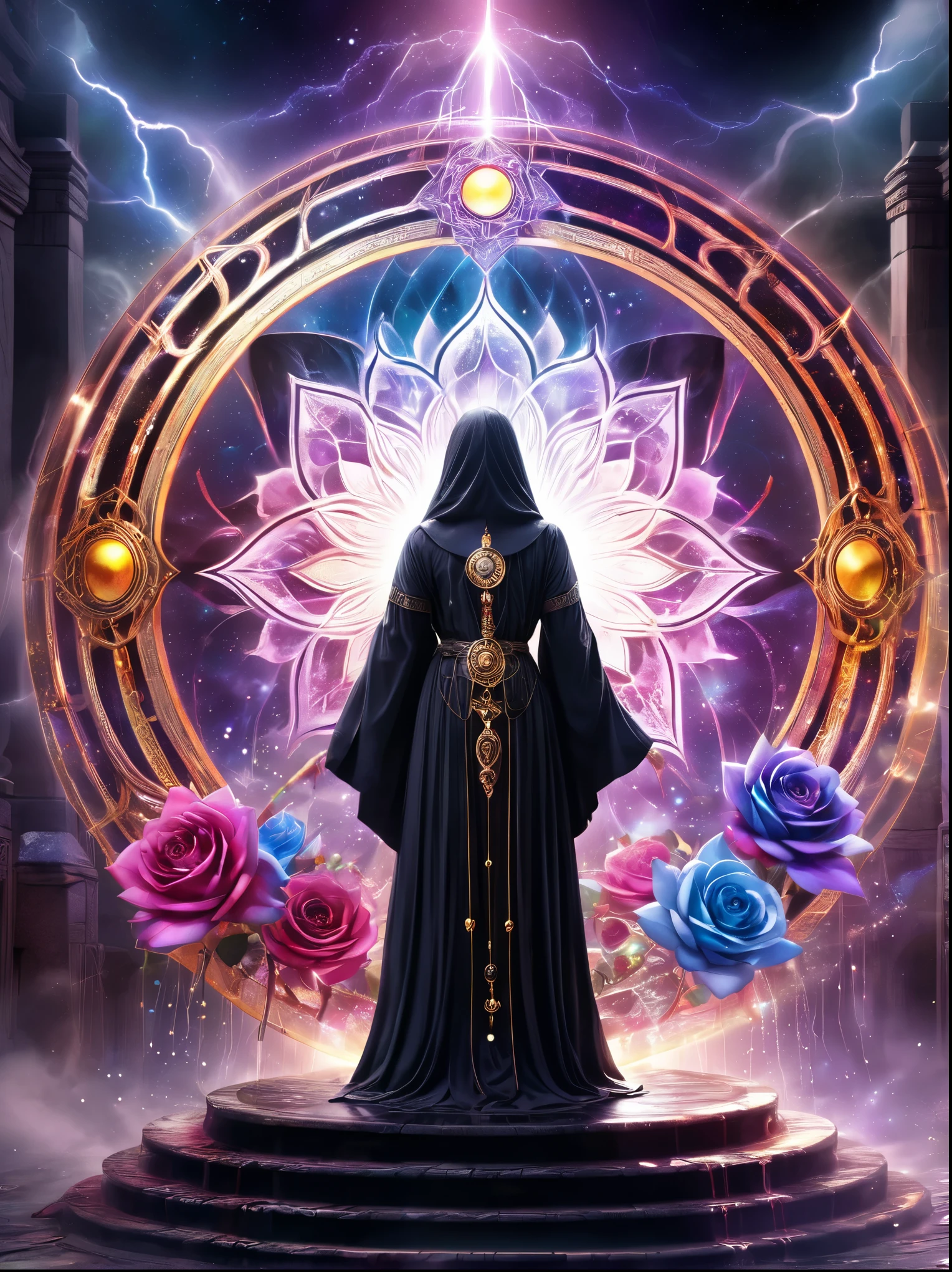 Lotus Altar,blood spreads,strange circle incident,blood splattered,Pure cosmic energy transparent magic circle,A disk made of magic,wheel of time and space,ring of light,electric wheel,polygon drawn with magic,epic magical fantasy,epic surrealism,epic thunder magic,magnificent ancient totem,magnificent mysterious magic light,epic black magic,grand gothic style、Rainbow-colored、Rose