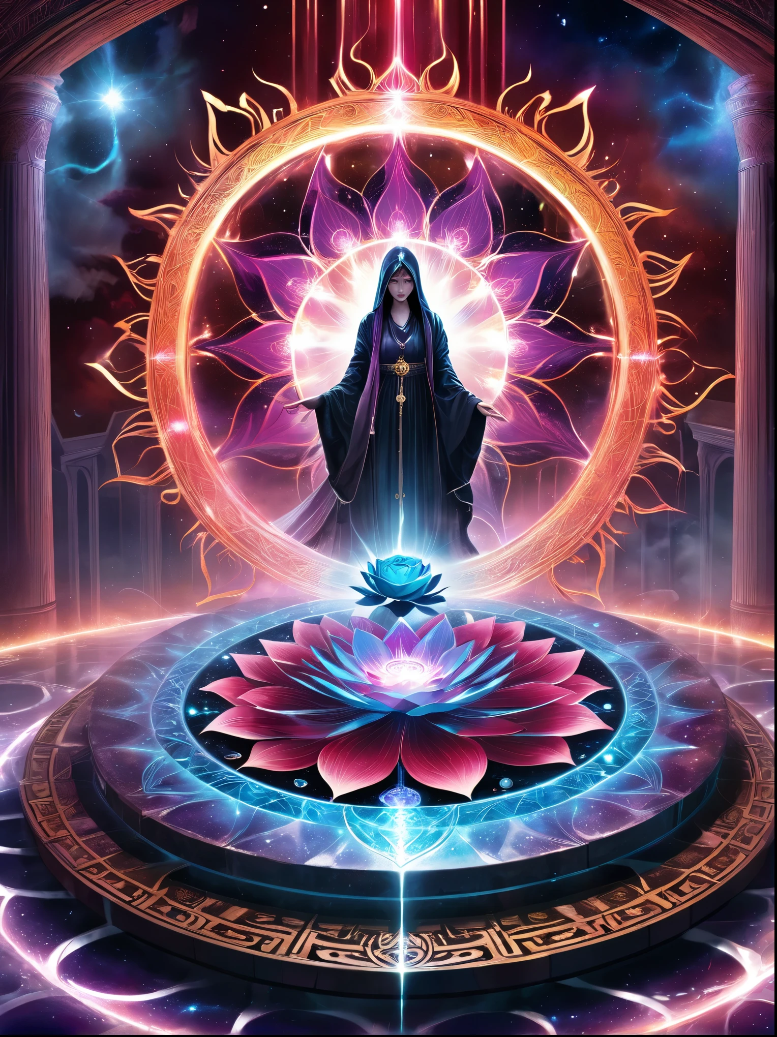Lotus Altar，blood spreads，strange circle incident，blood splattered，Pure cosmic energy transparent magic circle，A disk made of magic，wheel of time and space，ring of light，electric wheel，polygon drawn with magic，epic magical fantasy，epic surrealism，epic thunder magic，magnificent ancient totem，magnificent mysterious magic light，epic black magic，grand gothic style、Rainbow-colored、Rose