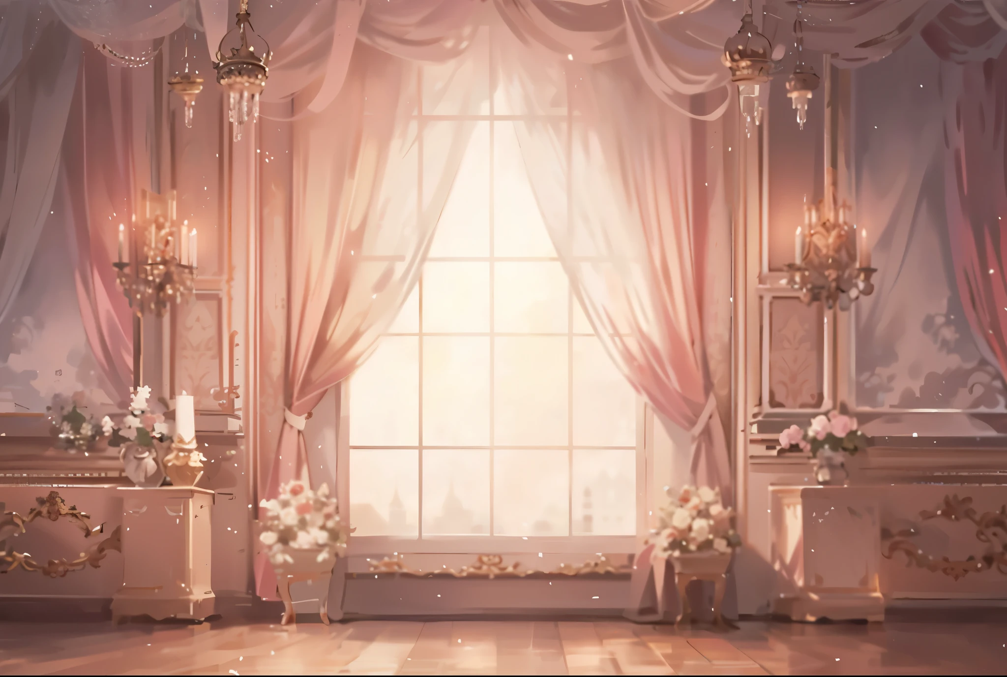 There is a room with a window, a table, and a vase, ballroom background, Stunning mysterious background, Background of the Kingdom of Light, bedroom background, palace background, Gorgeous background, personal room background, dreamy atmosphere and drama, Baroque background, dreamy atmosphere, Softly glowing windows, Open window ib background, dream, victorian style room, interior background art