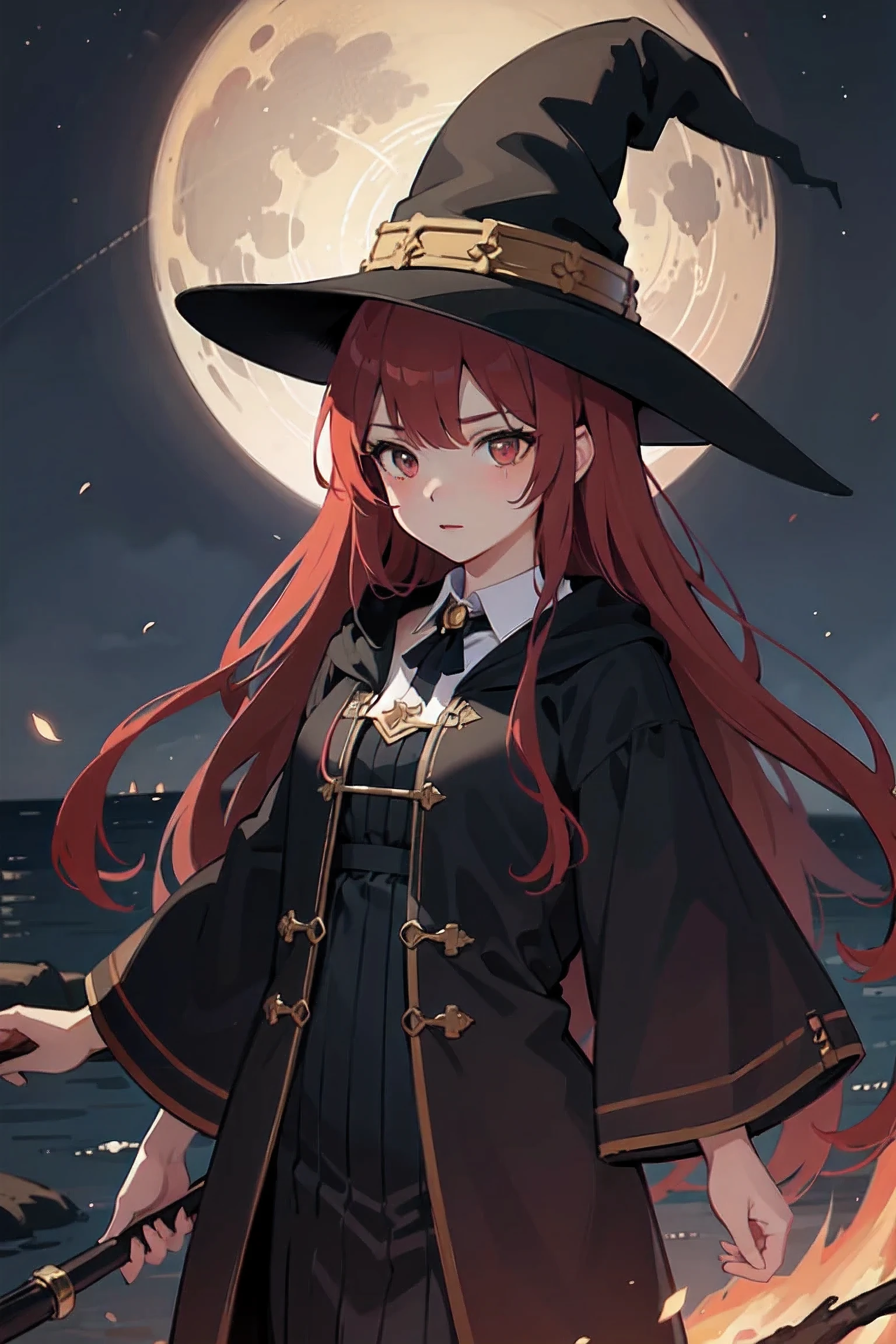 1 beautiful girl with long red hair , witch